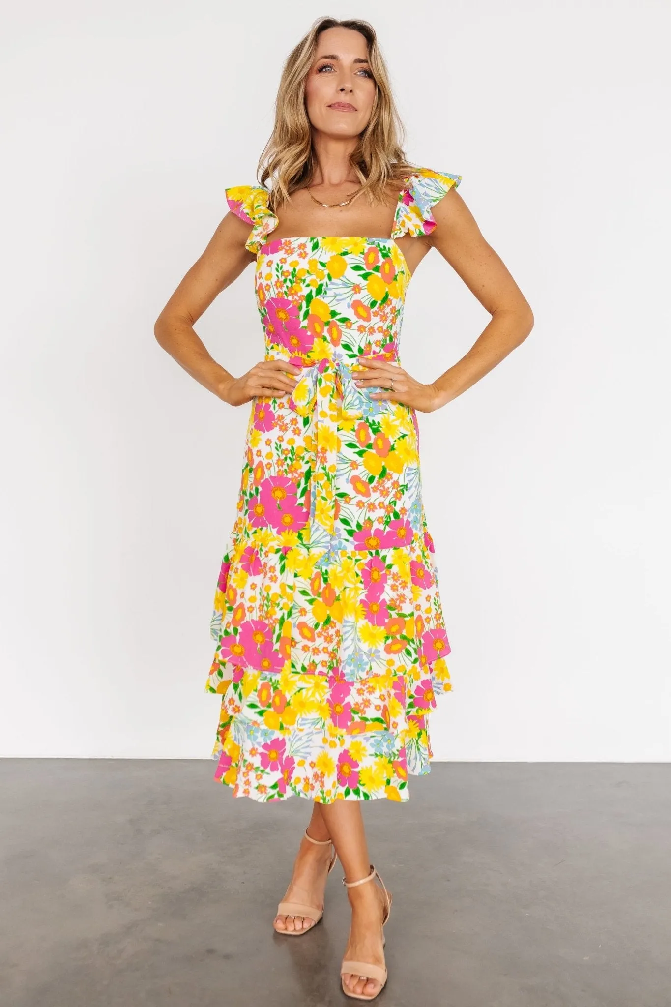 Dani Ruffle Tiered Midi Dress | Multi Floral sold by Baltic Born