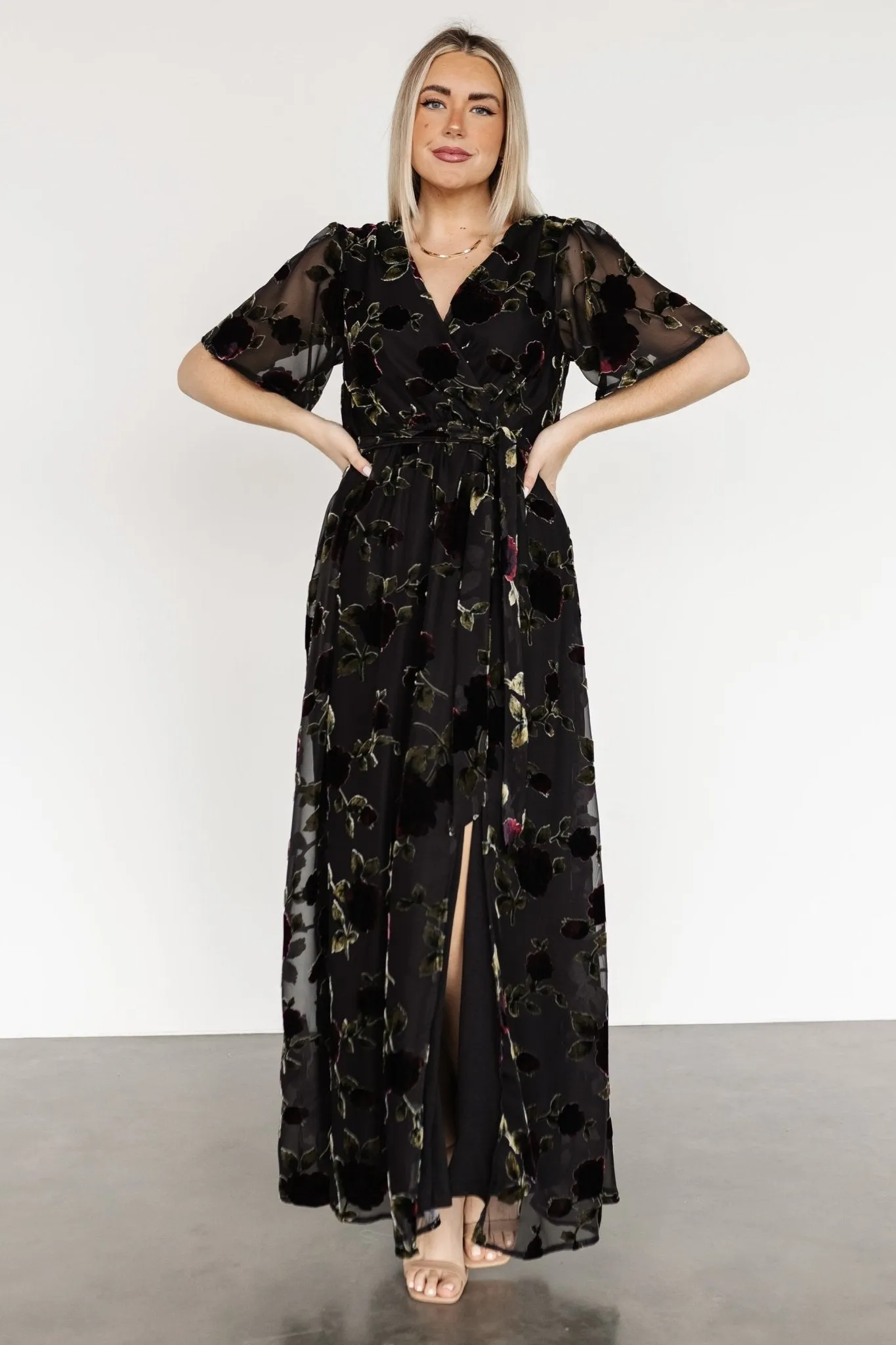Parisian Velvet Maxi Dress | Black Rose Floral sold by Baltic Born product image thumbnail 3