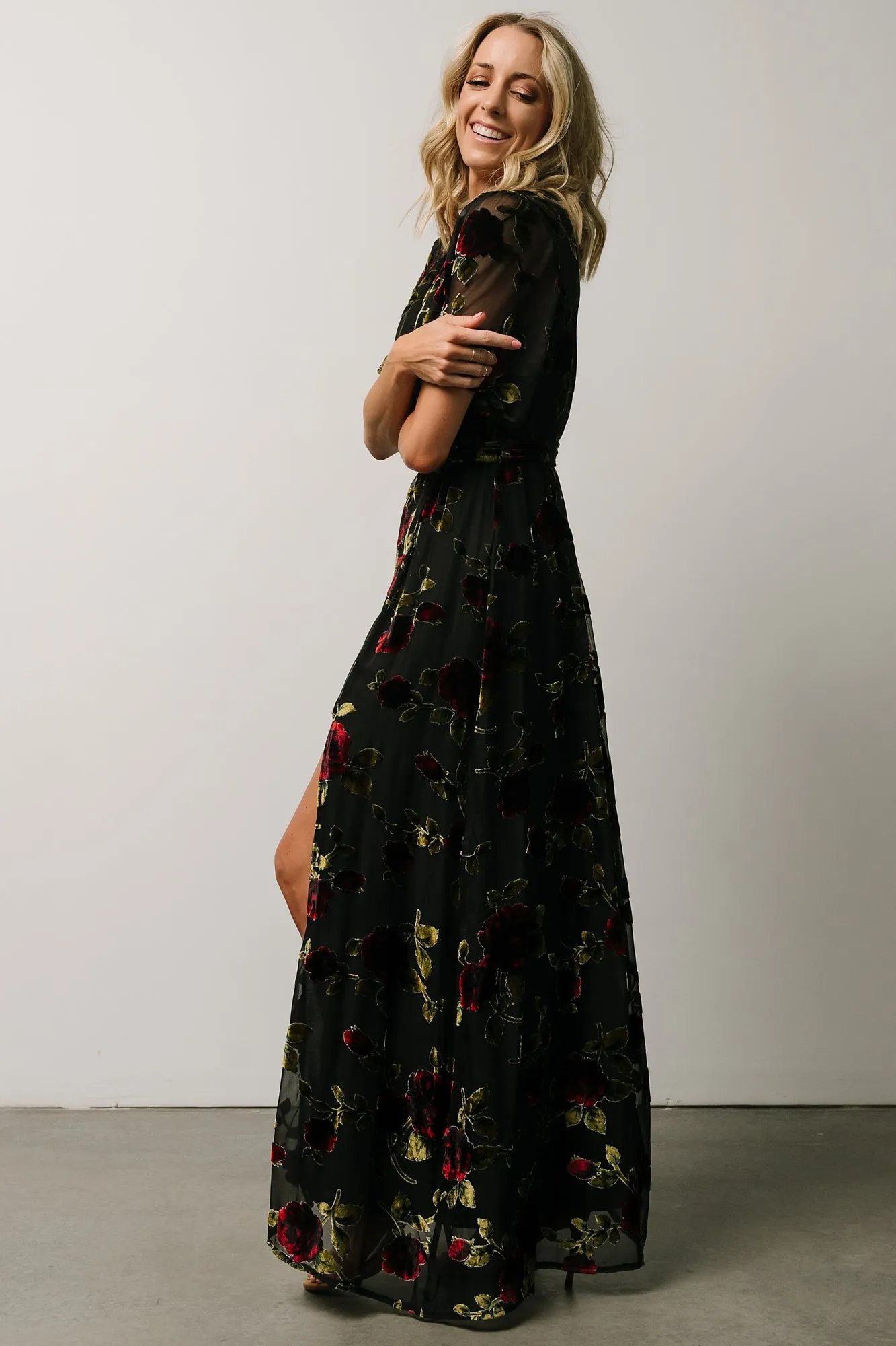 Parisian Velvet Maxi Dress | Black Rose Floral sold by Baltic Born product image thumbnail 5