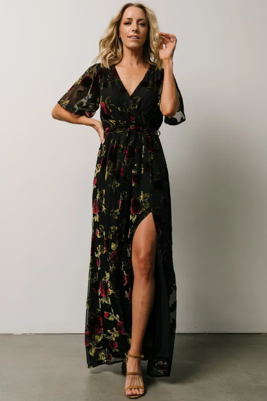 Parisian Velvet Maxi Dress | Black Rose Floral sold by Baltic Born