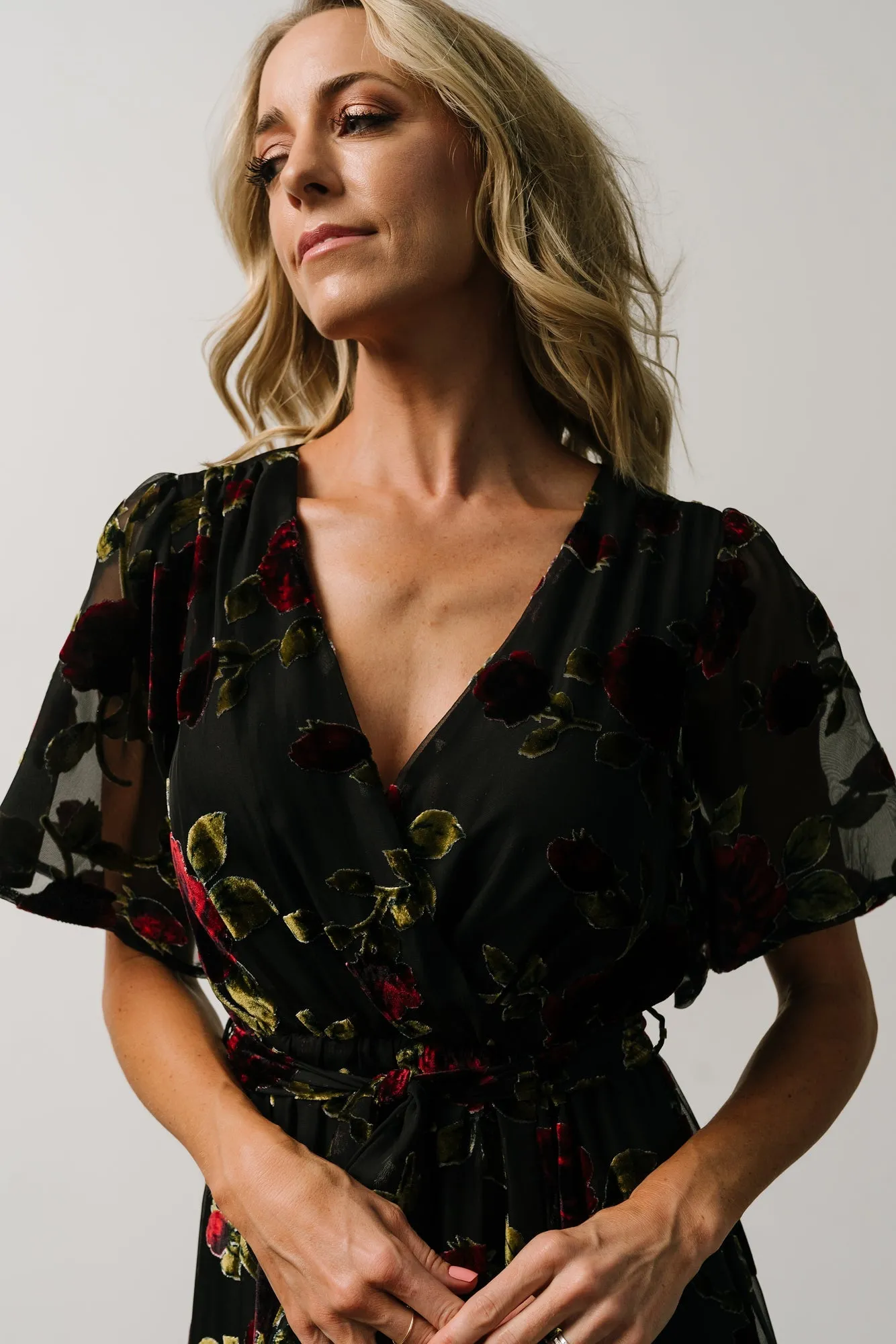 Parisian Velvet Maxi Dress | Black Rose Floral sold by Baltic Born product image thumbnail 4