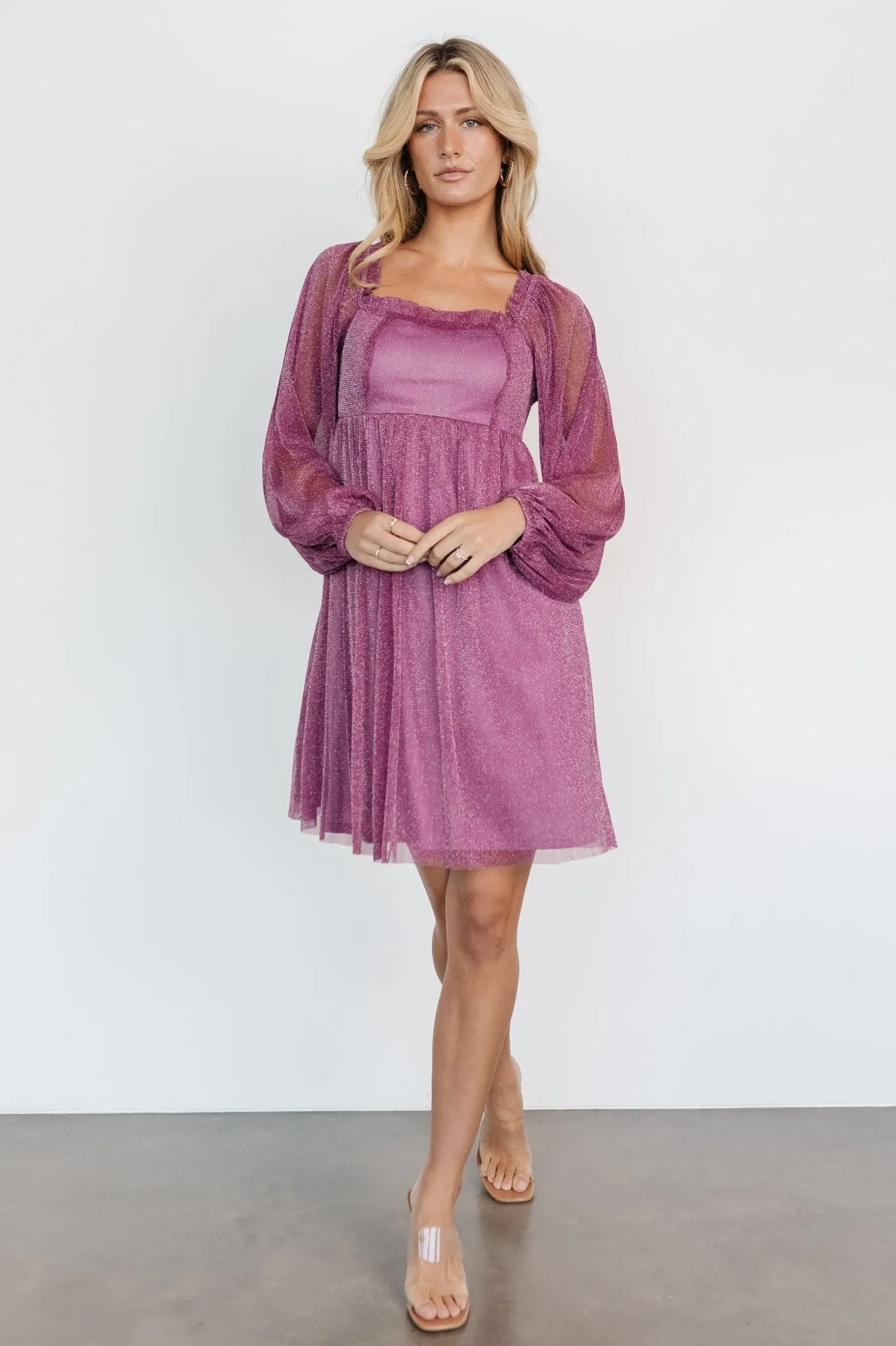 Jules Shimmer Short Dress | Dark Orchid sold by Baltic Born