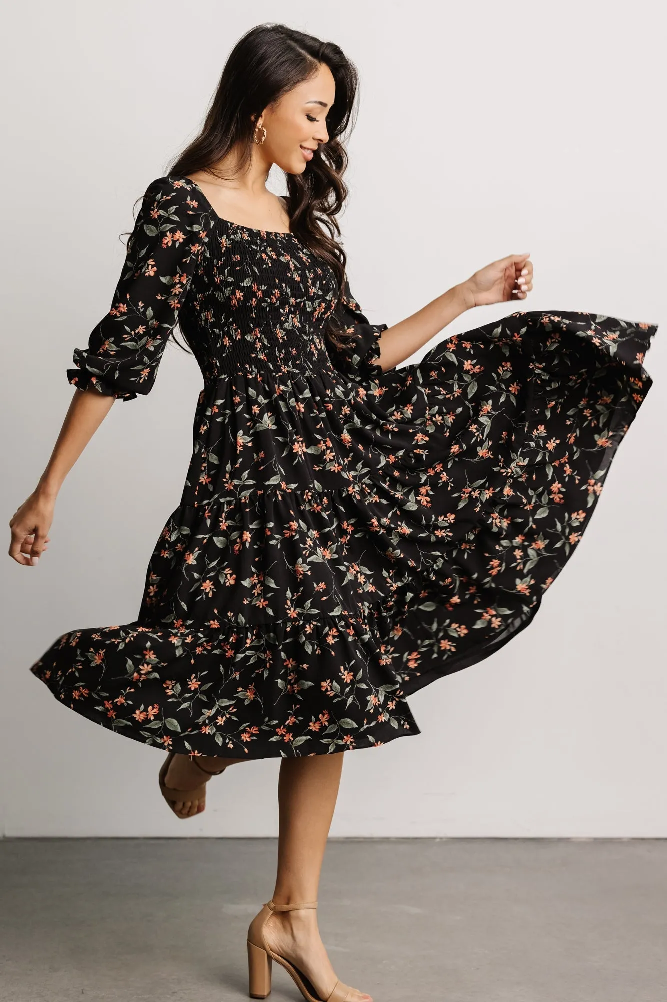 marta smocked midi dress Marta Smocked Midi Dress White & Blue Floral