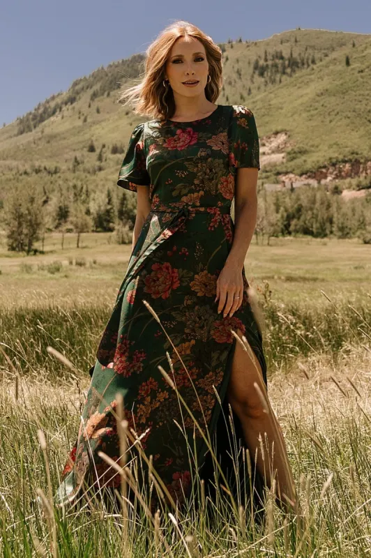Agnes Satin Maxi Dress | Dark Green Floral sold by Baltic Born