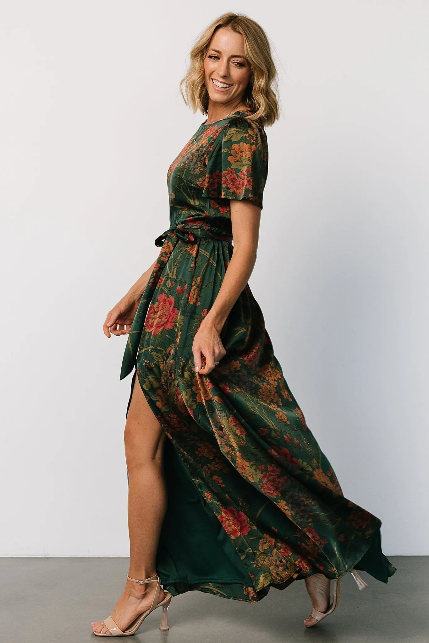 Agnes Satin Maxi Dress | Dark Green Floral sold by Baltic Born product image thumbnail 4