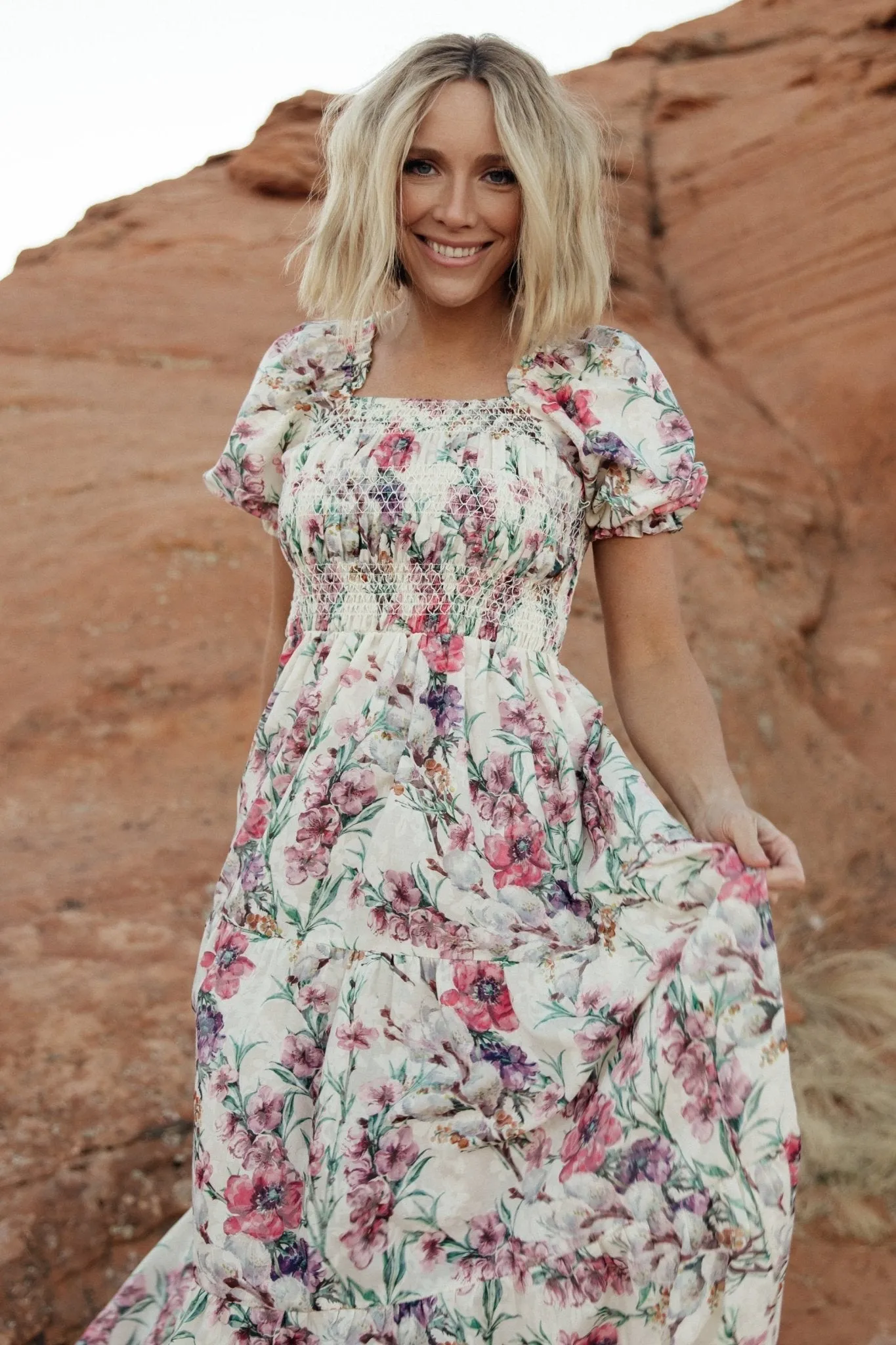 Tulsa Smocked Dress | Cream + Pink sold by Baltic Born product image thumbnail 3