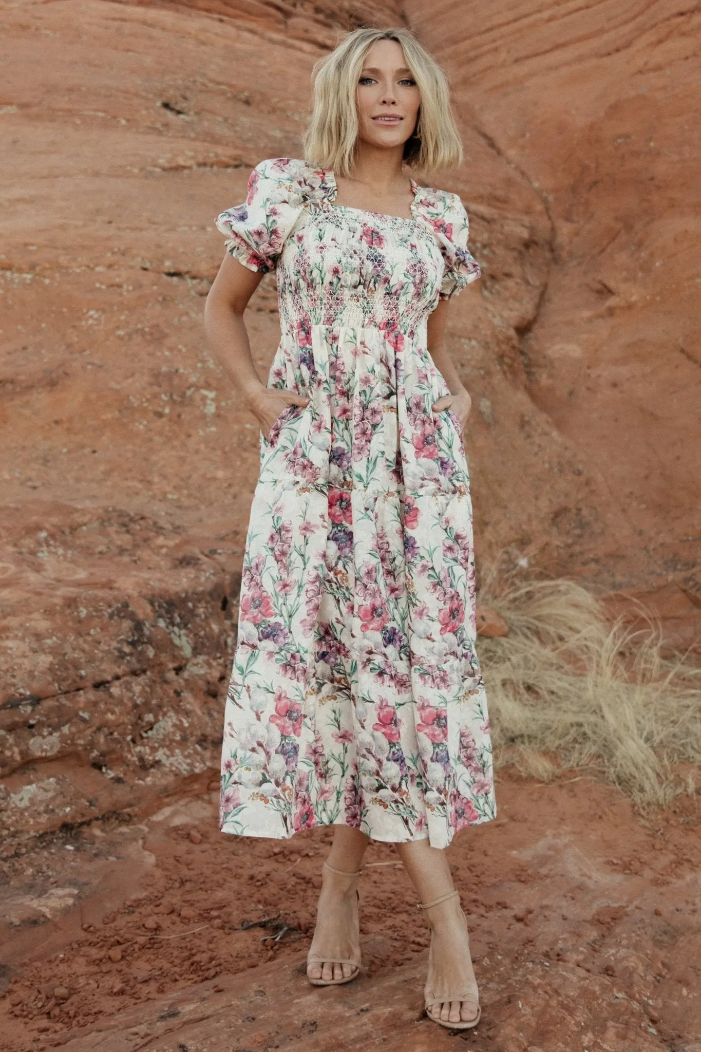 Tulsa Smocked Dress | Cream + Pink sold by Baltic Born