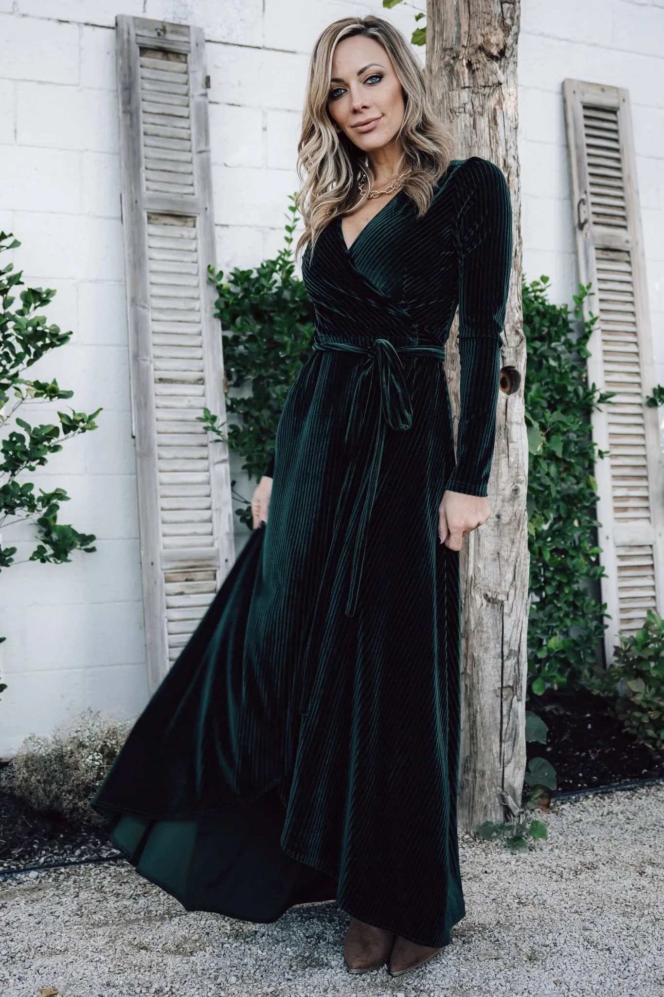 Jada Ribbed Velvet Wrap Dress | Emerald sold by Baltic Born