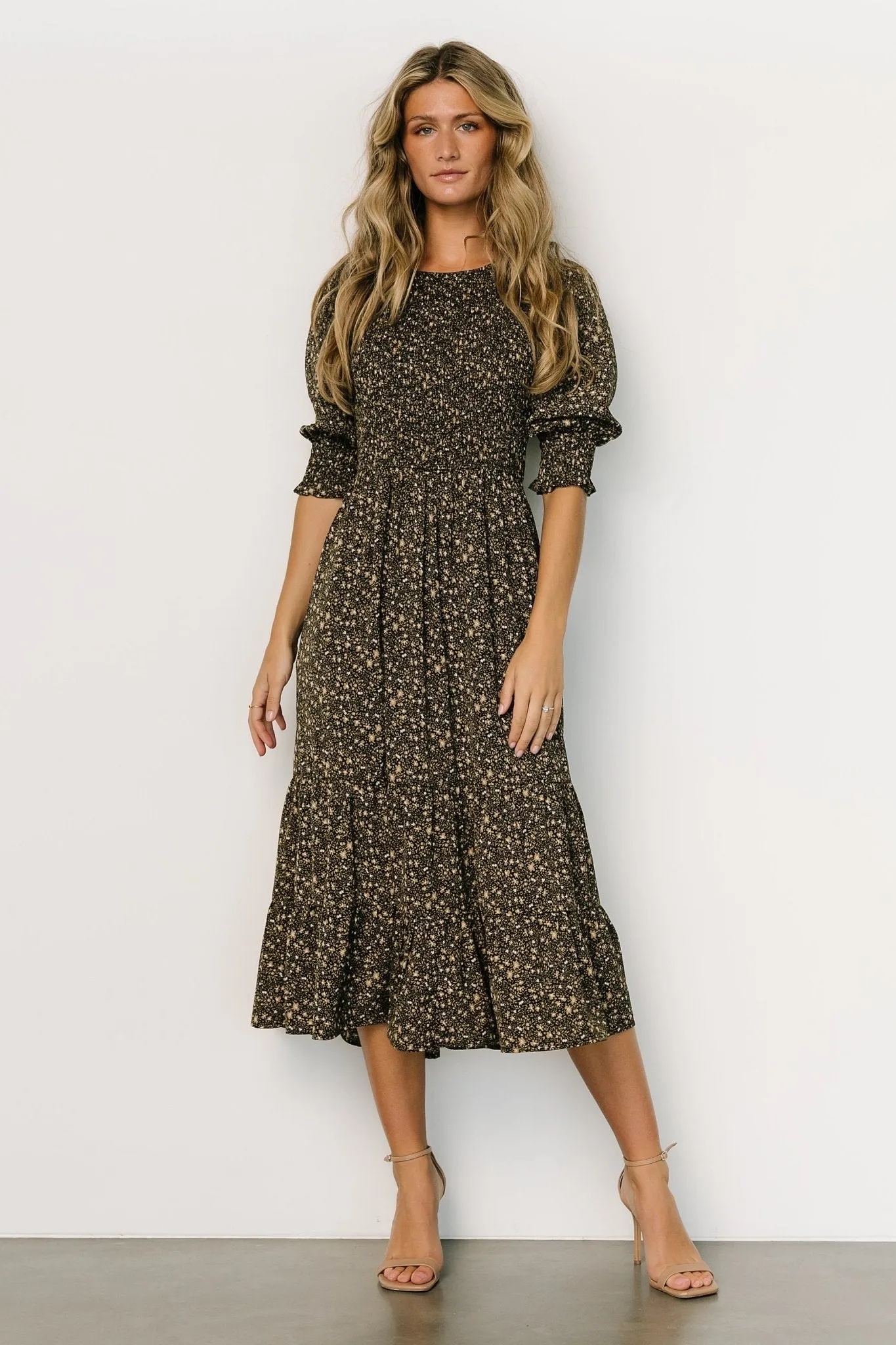 Pele Tiered Midi Dress | Black Floral sold by Baltic Born