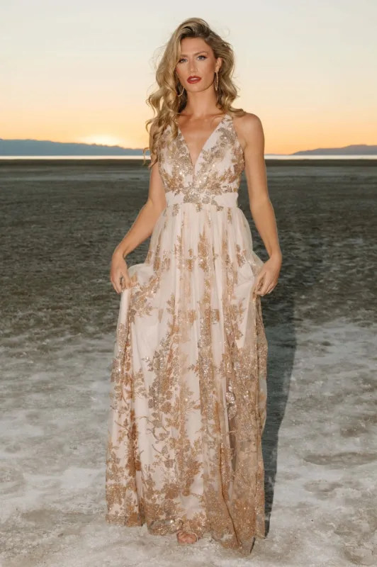 Lucienne Shimmer Maxi Gown | Beige + Gold sold by Baltic Born