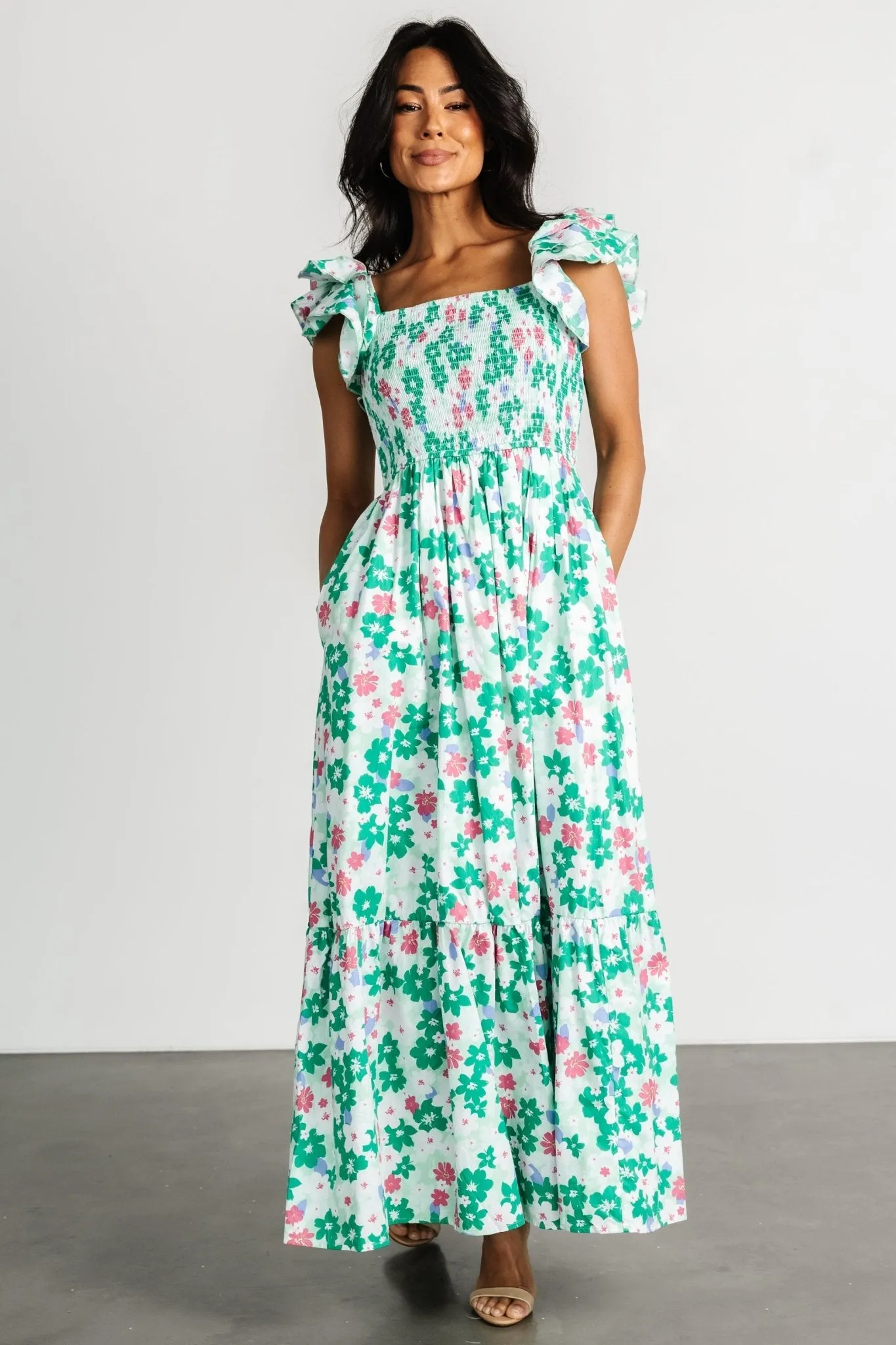 Laguna Smocked Maxi Dress | Green Floral sold by Baltic Born