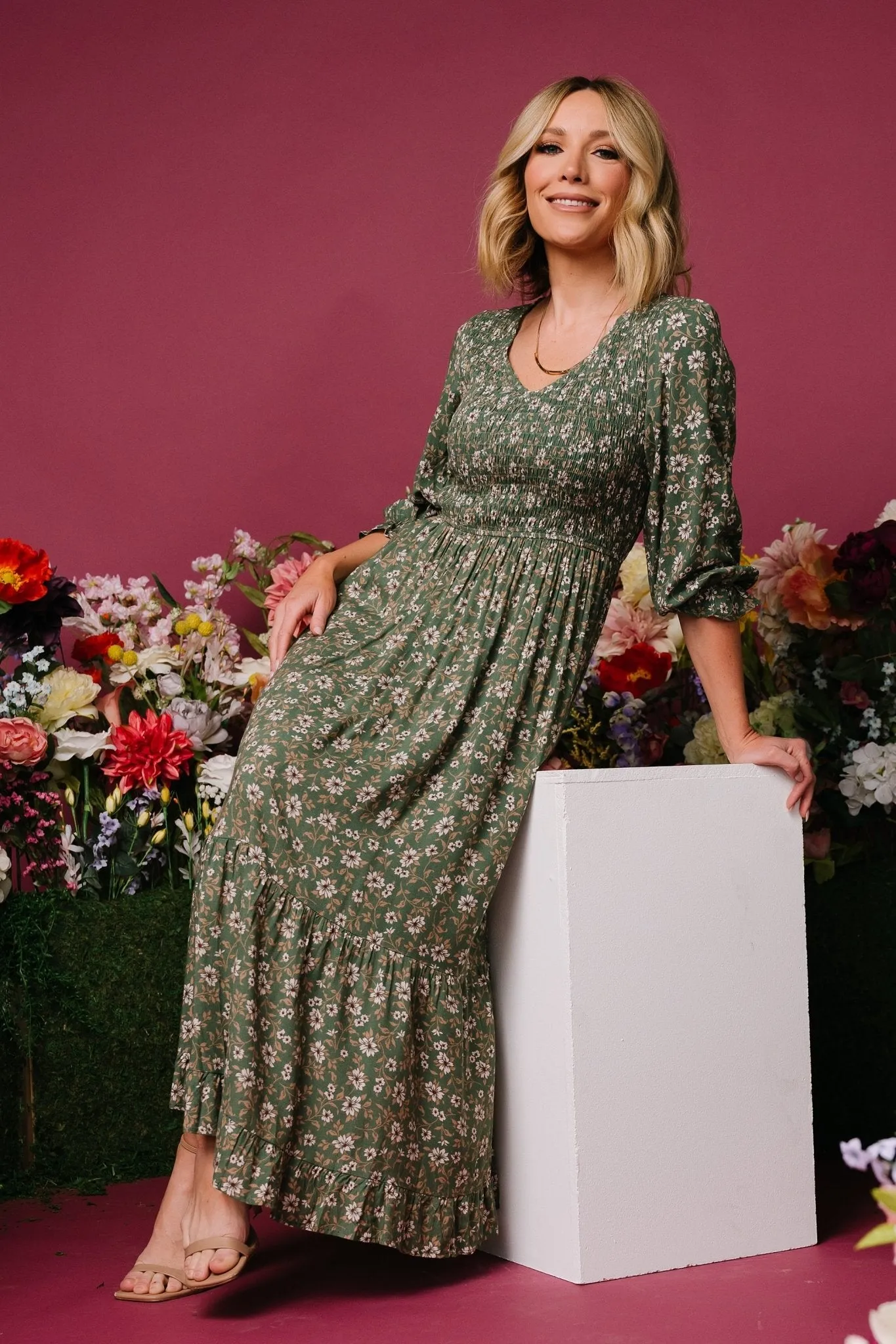 Tarryn Smocked Midi Dress | Olive Floral sold by Baltic Born