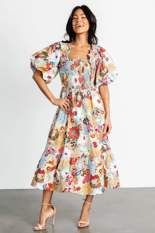 Wendy Puff Sleeve Midi Dress | Multi Print sold by Baltic Born