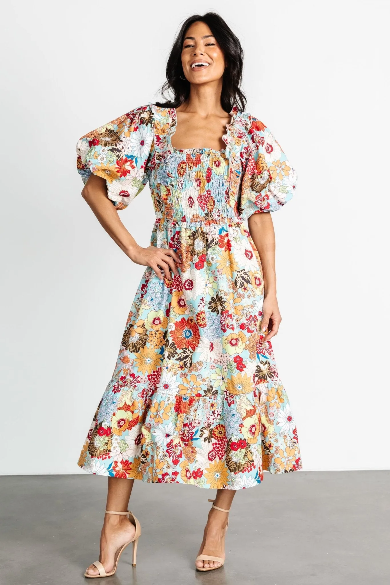 Wendy Puff Sleeve Midi Dress | Multi Print sold by Baltic Born