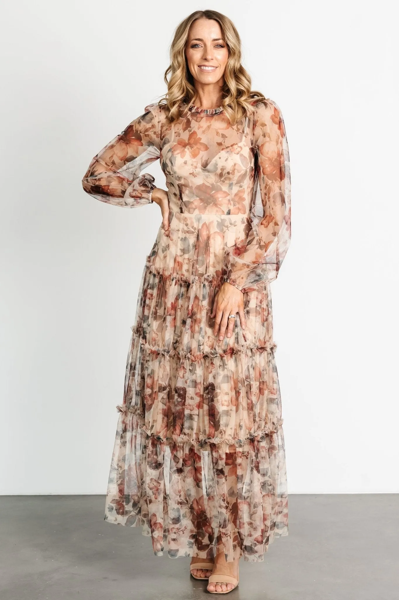 Stephanie Tiered Maxi Dress | Taupe Floral sold by Baltic Born product image thumbnail 5