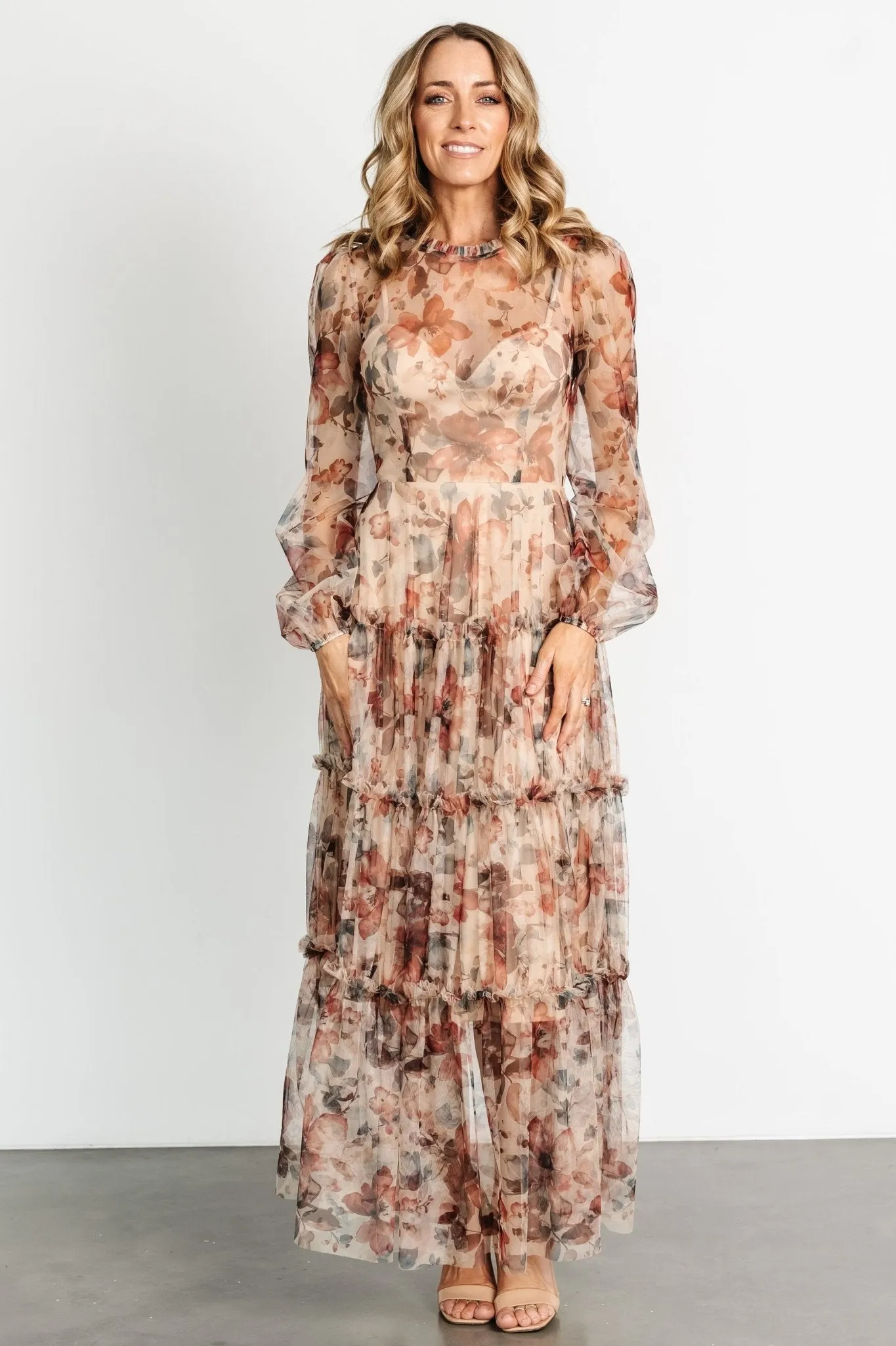 Stephanie Tiered Maxi Dress | Taupe Floral sold by Baltic Born