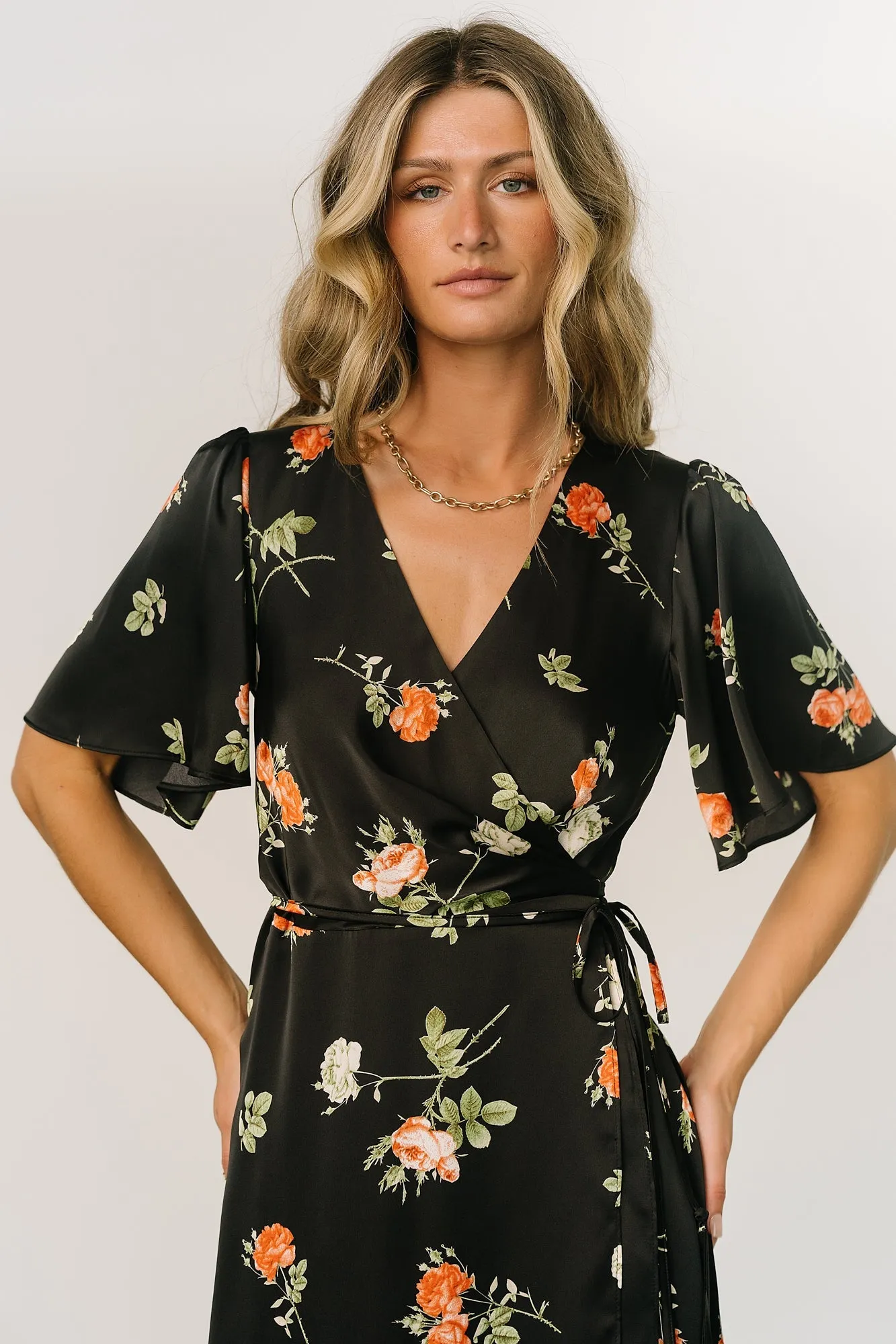 Amara Wrap Dress | Black + Coral Floral sold by Baltic Born product image thumbnail 2