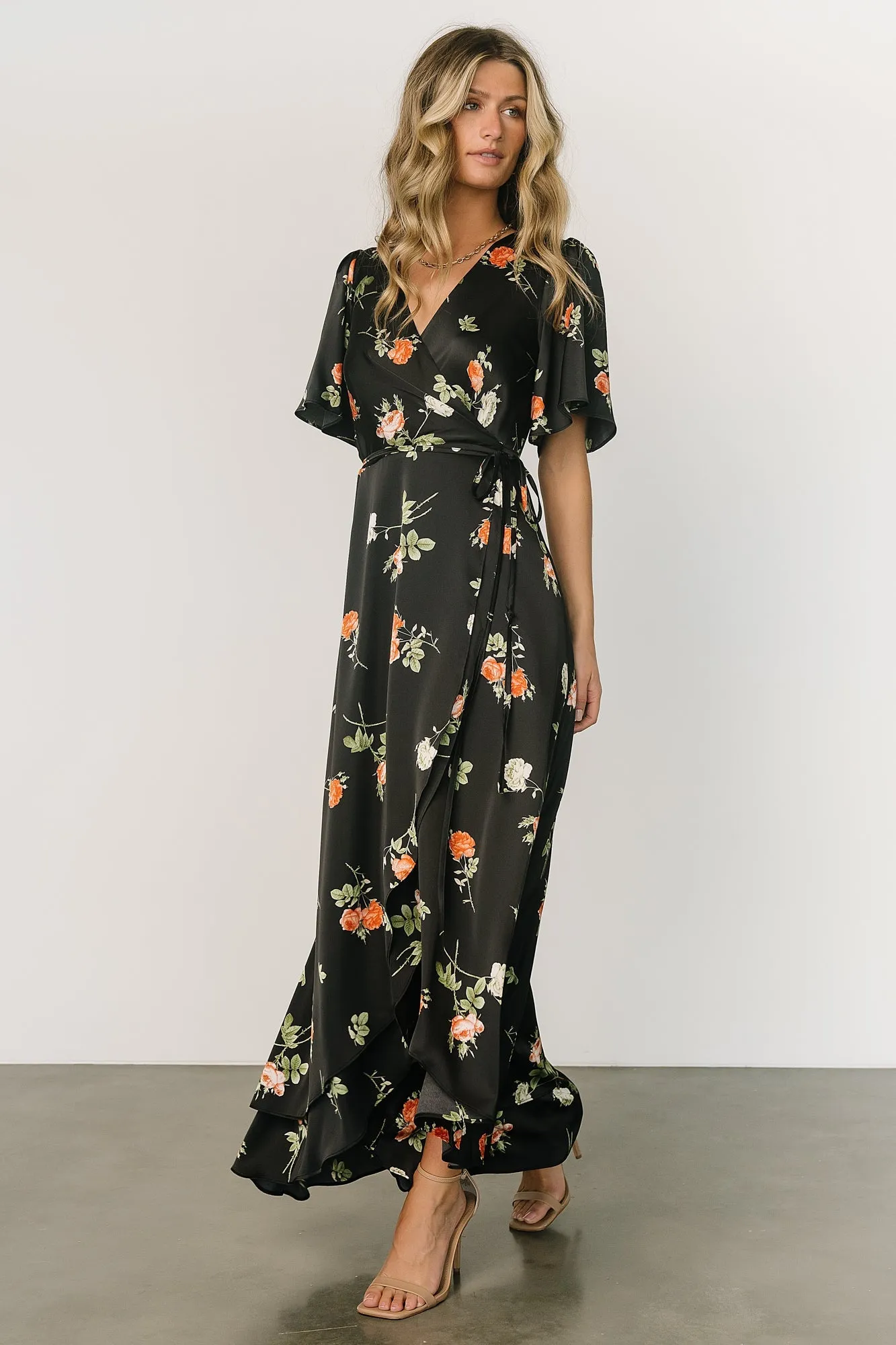 Amara Wrap Dress | Black + Coral Floral sold by Baltic Born product image thumbnail 3