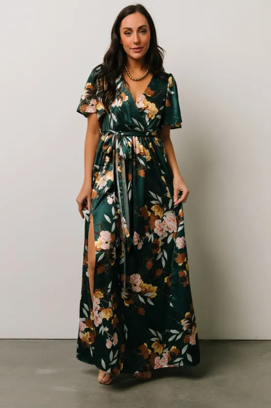Sicily Satin Maxi Dress | Dark Green Floral sold by Baltic Born