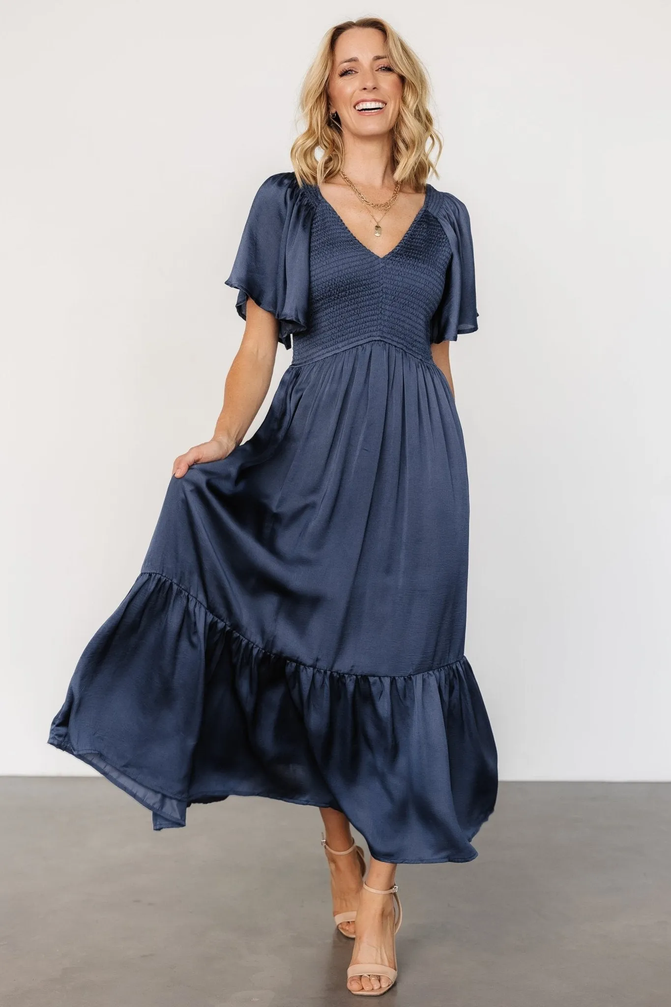 Lovell Smocked Midi Dress | Midnight Blue sold by Baltic Born