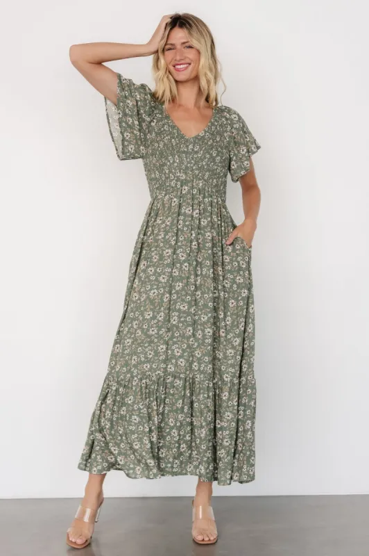 Joanie Smocked Dress | Green Floral sold by Baltic Born