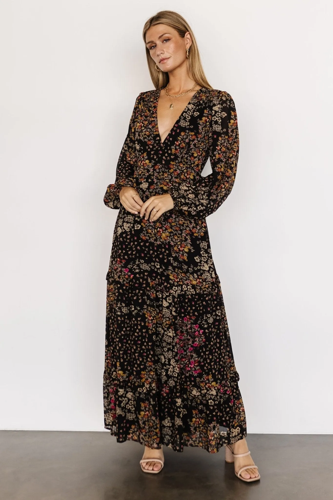 Bowman Deep V Maxi Dress | Black Multi sold by Baltic Born