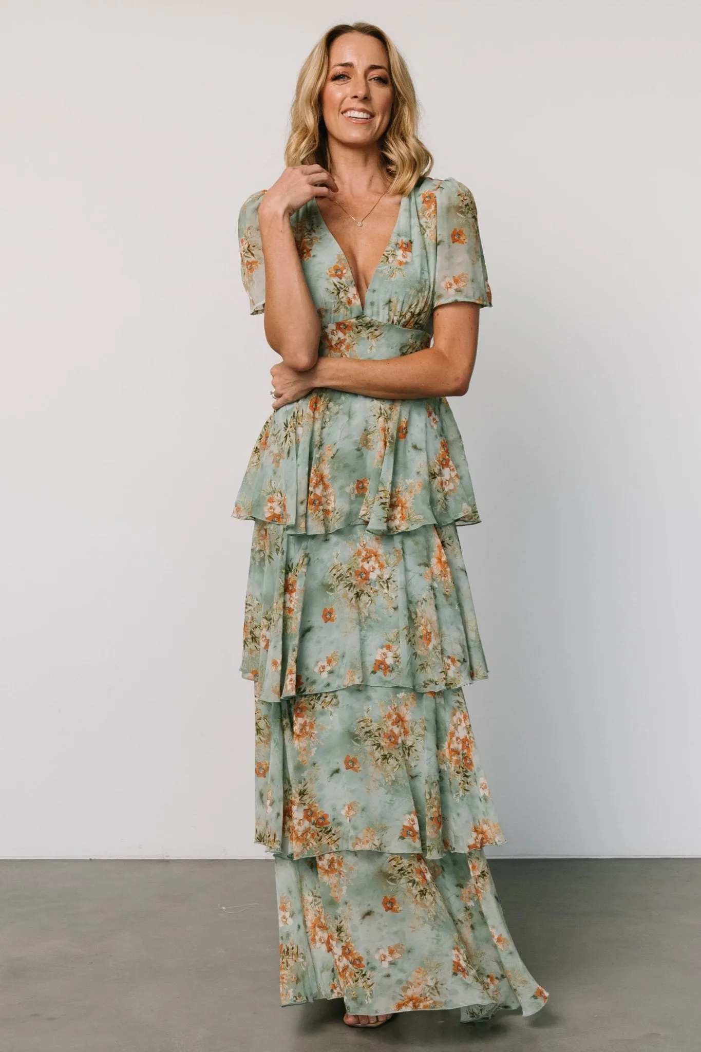 Montaigne Ruffle Maxi Dress | Blue Sage Floral sold by Baltic Born