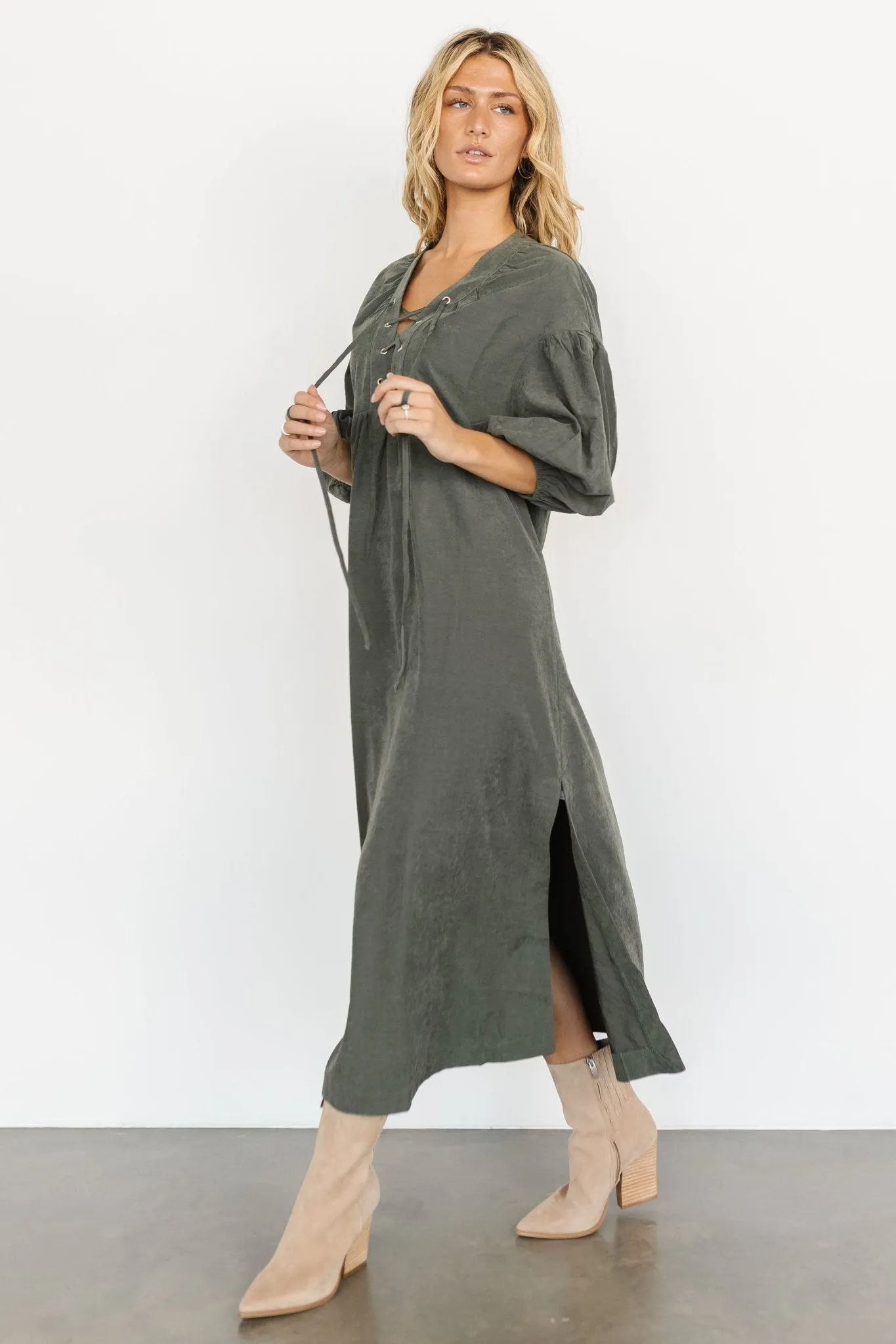 Jordyn Lace Up Dress | Olive sold by Baltic Born