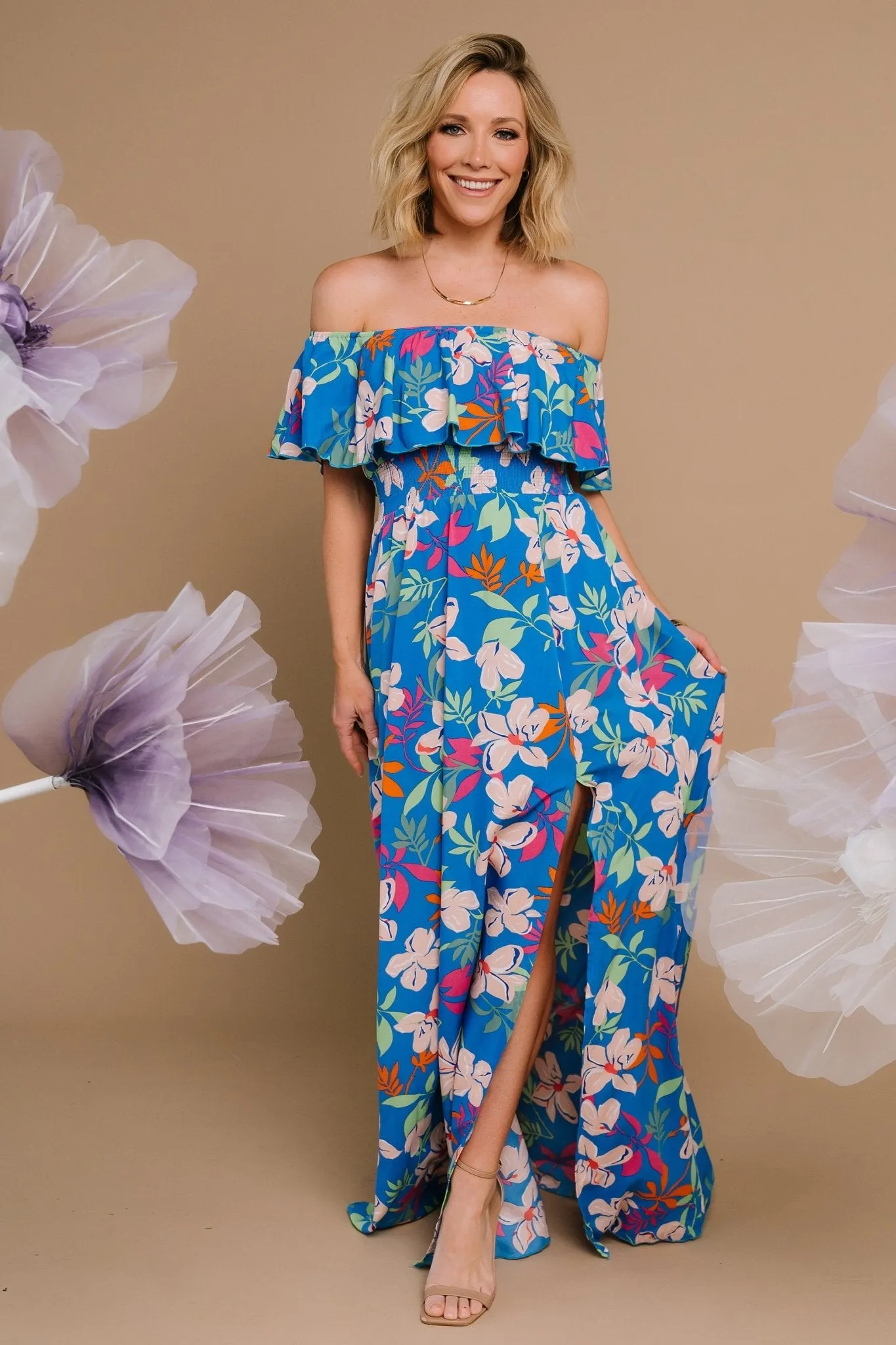 Talia Off Shoulder Maxi Dress | Blue Floral sold by Baltic Born
