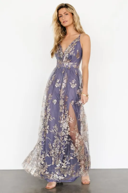Lucienne Shimmer Maxi Gown | Blue + Gold sold by Baltic Born