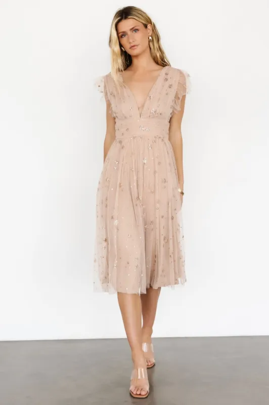 Chiara Shimmer Midi Dress | Natural + Blush sold by Baltic Born