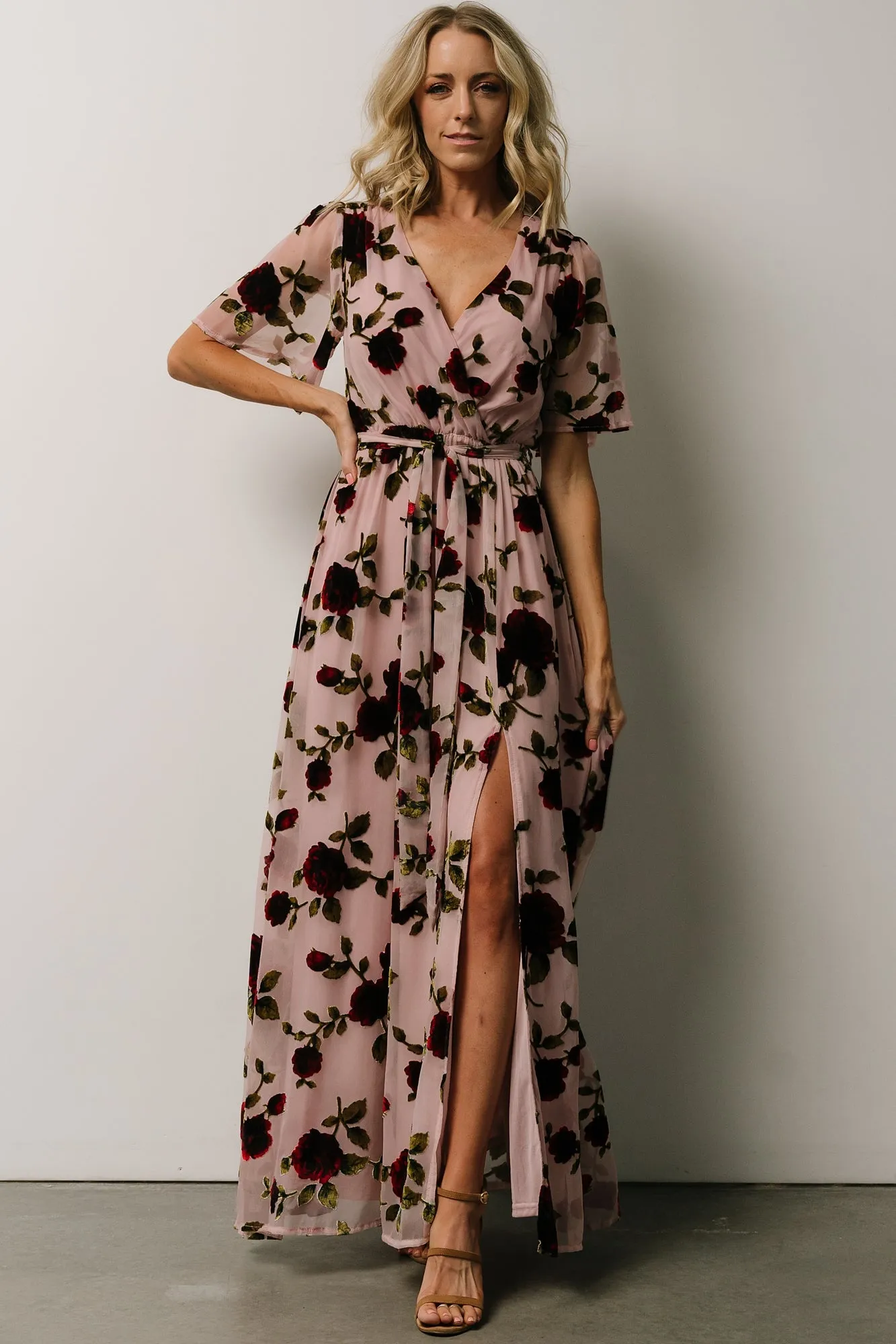 Parisian Velvet Maxi Dress | Blush Rose Floral sold by Baltic Born
