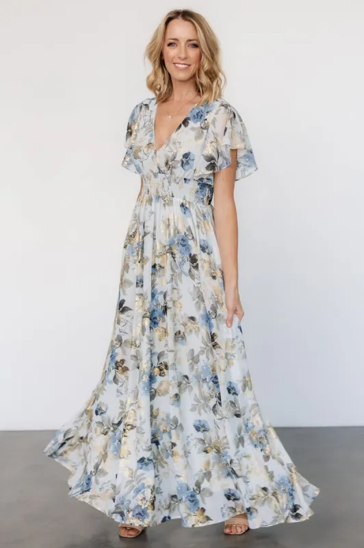 Lynlee Metallic Maxi Dress | Dusty Blue sold by Baltic Born