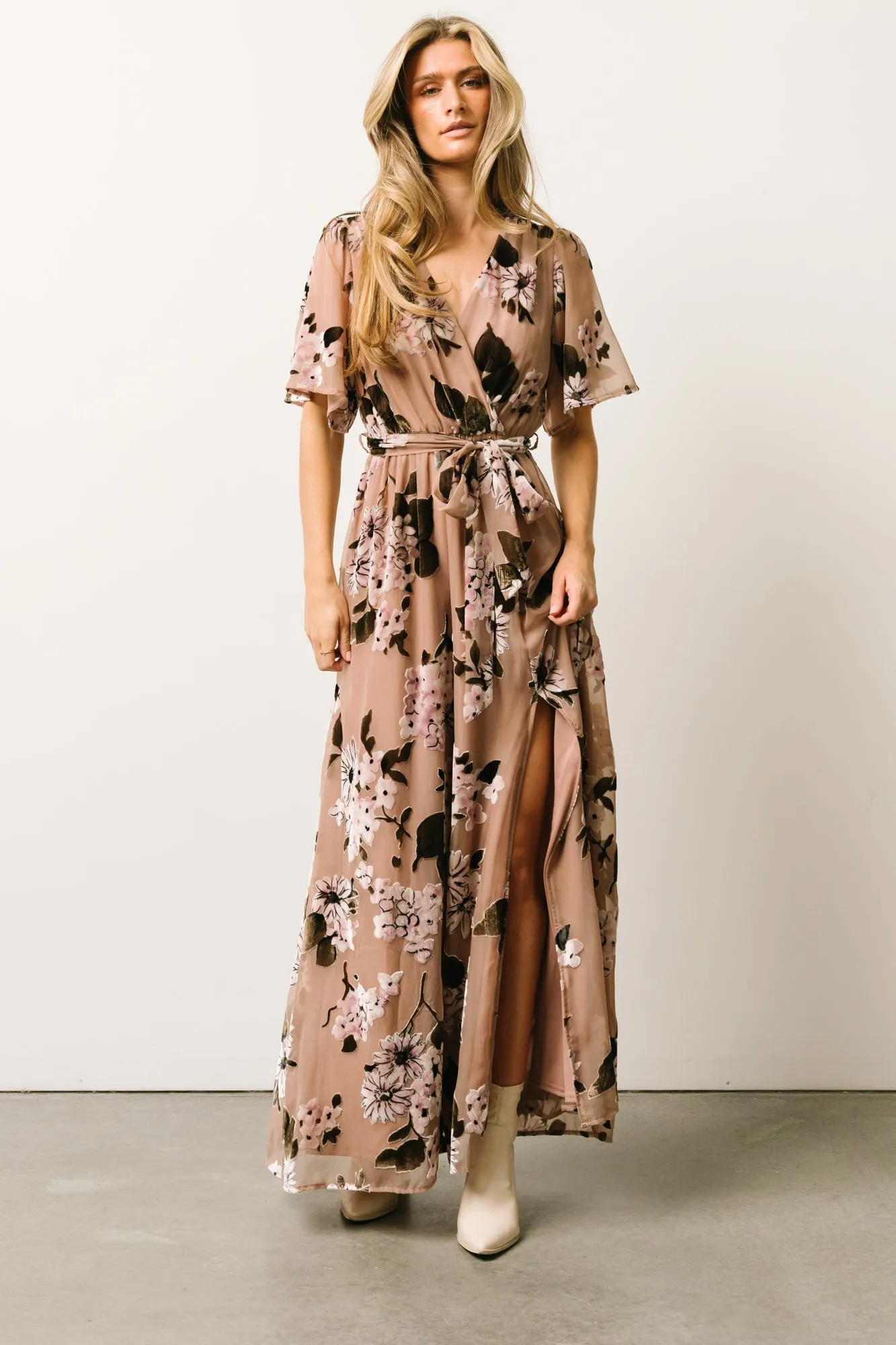 Uma Velvet Maxi Dress | Taupe Multi Floral sold by Baltic Born product image thumbnail 4