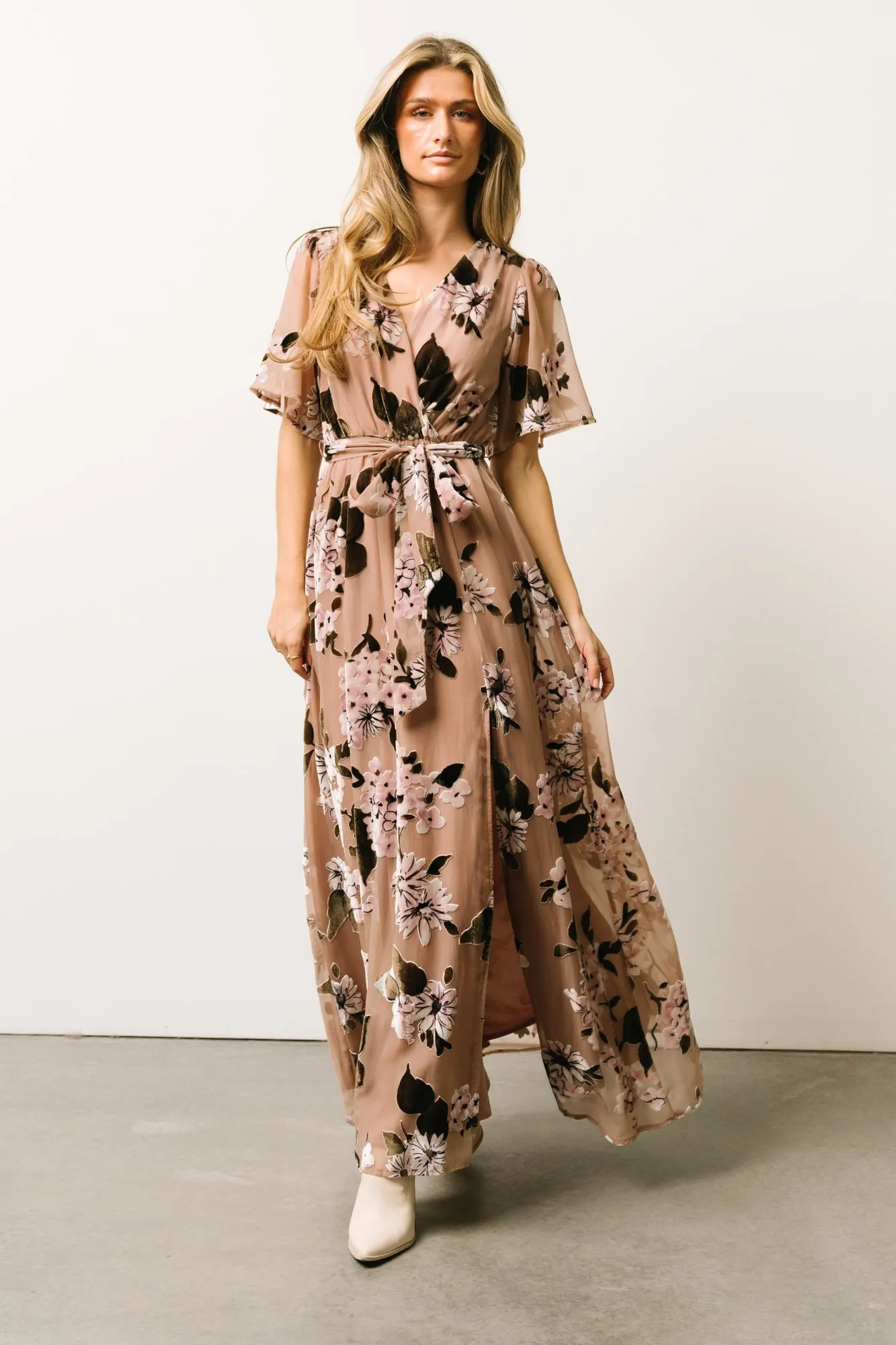 Uma Velvet Maxi Dress | Taupe Multi Floral sold by Baltic Born
