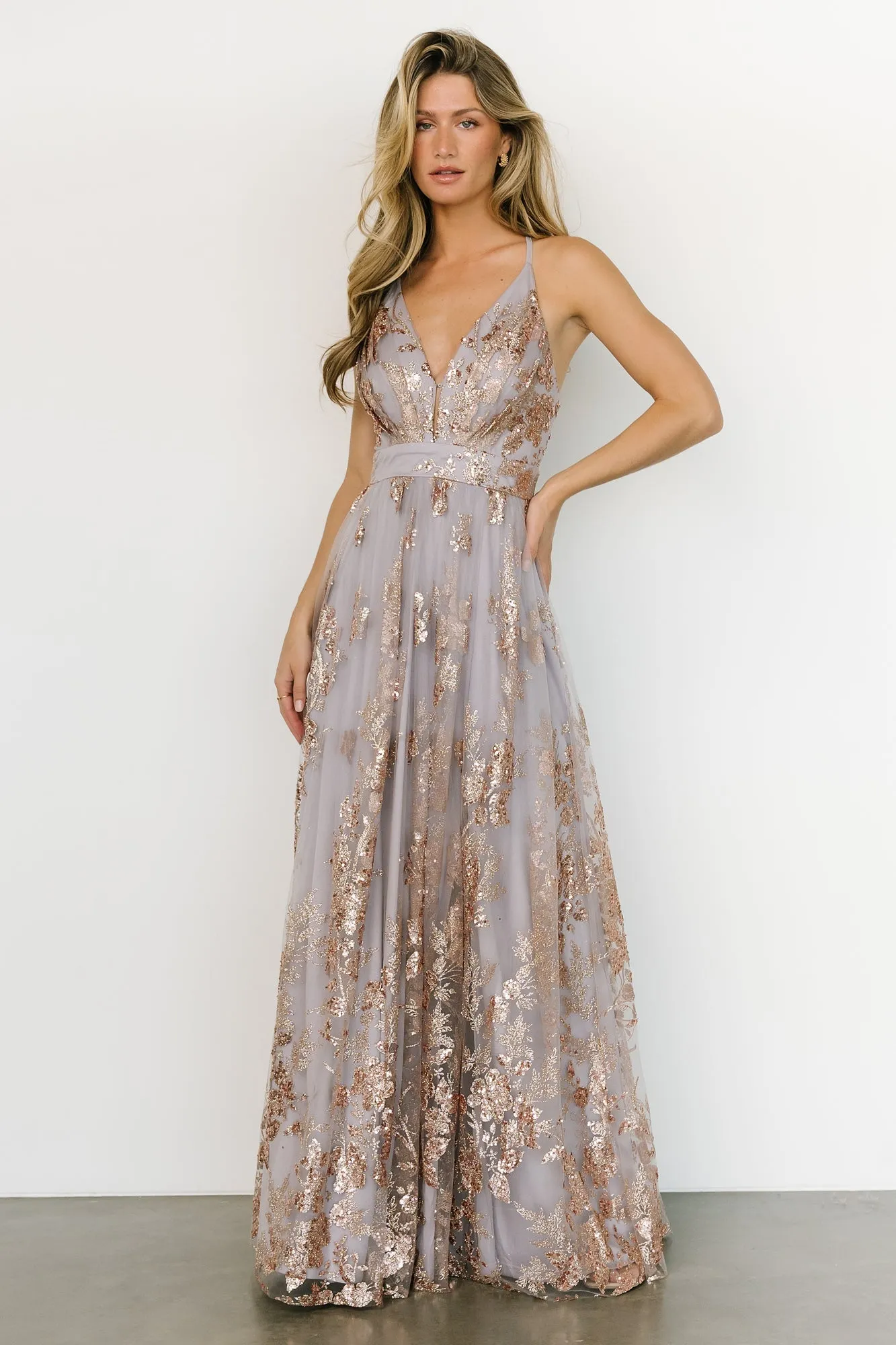 Lucienne Shimmer Maxi Gown | Dusty Lilac + Rose sold by Baltic Born