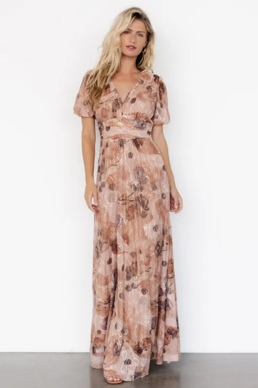ardley maxi dress Floral Mauve Convertible Dress Mauve Floral featuring short puff sleeves and a waist gathering detail fitted lace wedding dress Baltic