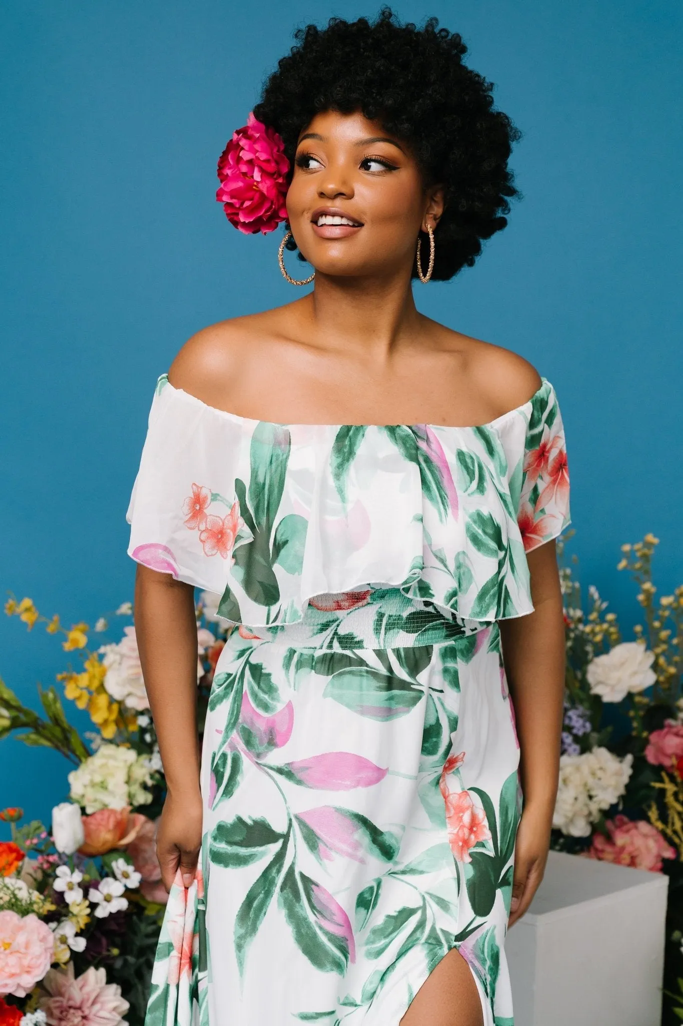 Daphne Off Shoulder Maxi Dress | White + Green Multi Floral sold by Baltic Born product image thumbnail 3