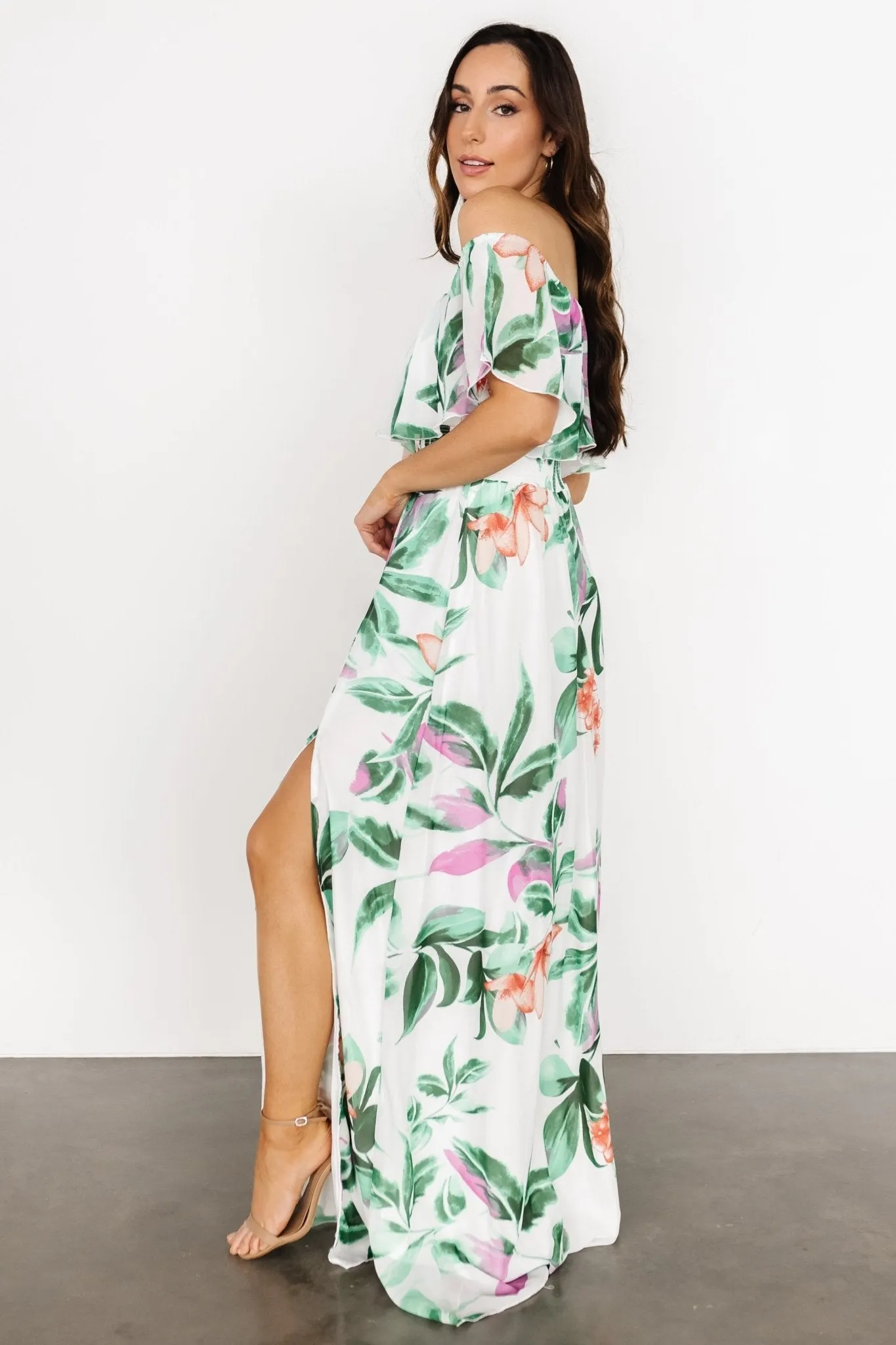 Daphne Off Shoulder Maxi Dress | White + Green Multi Floral sold by Baltic Born product image thumbnail 4