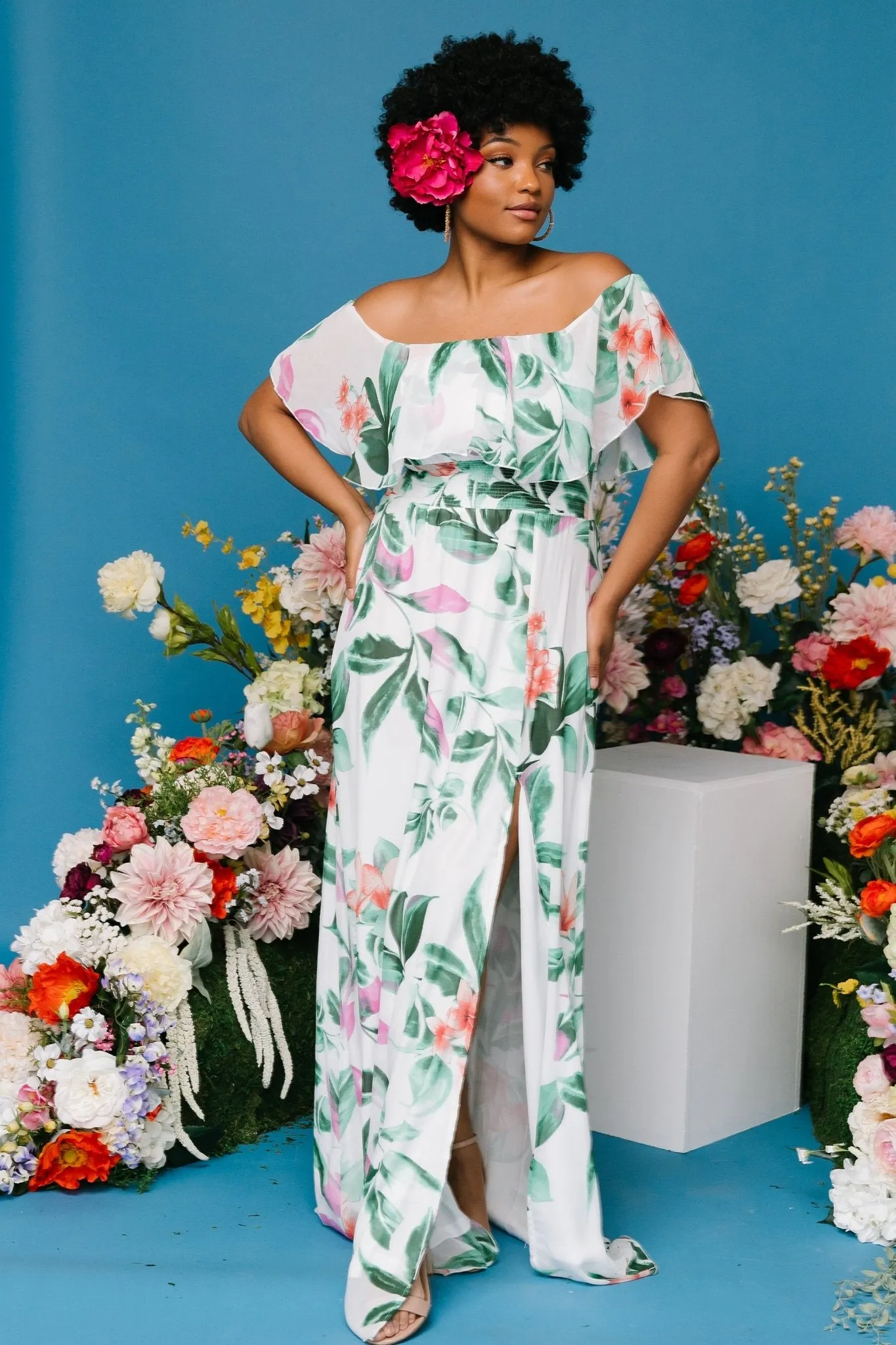 Daphne Off Shoulder Maxi Dress | White + Green Multi Floral sold by Baltic Born product image thumbnail 5
