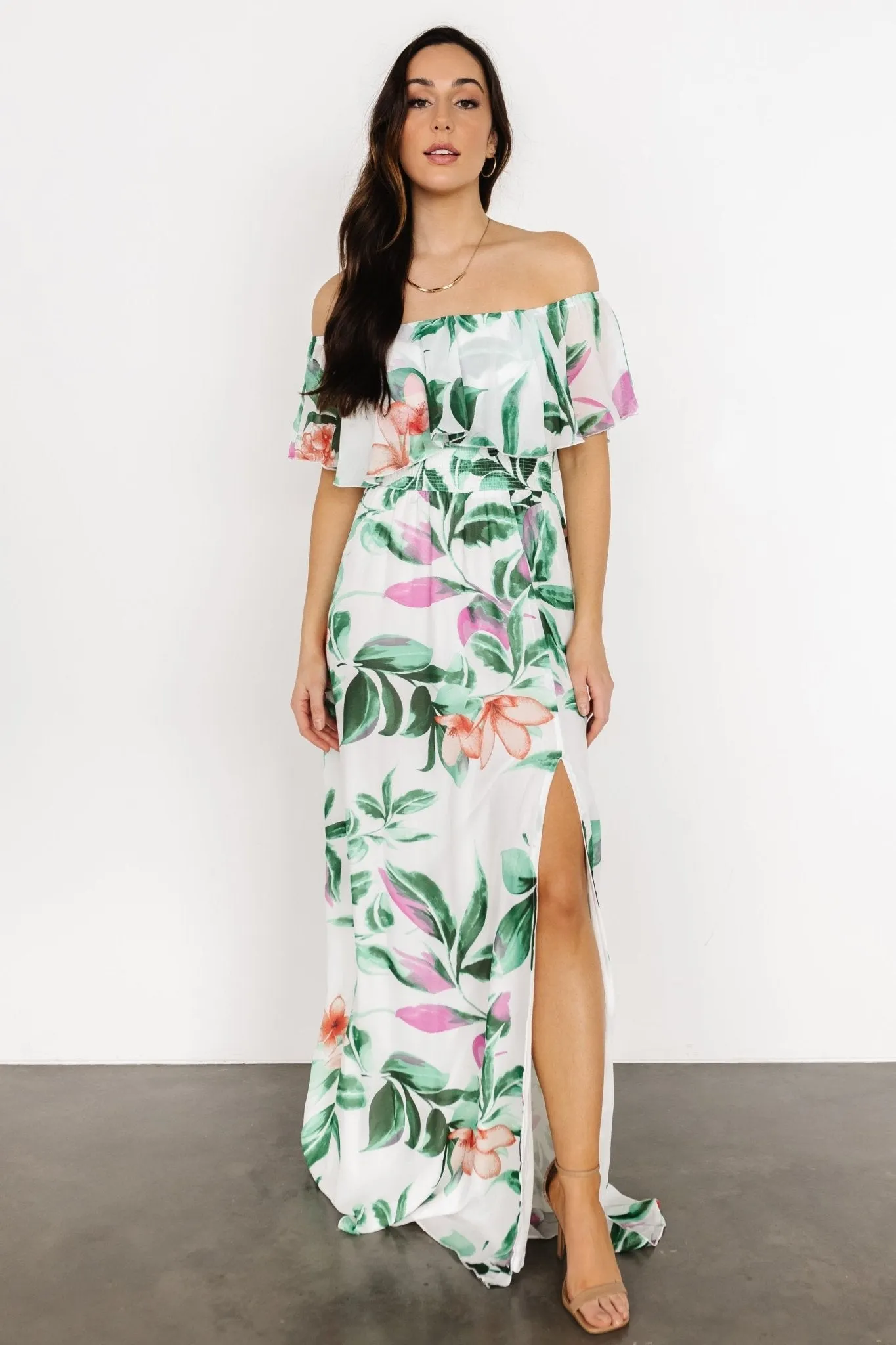 Daphne Off Shoulder Maxi Dress | White + Green Multi Floral sold by Baltic Born product image thumbnail 2