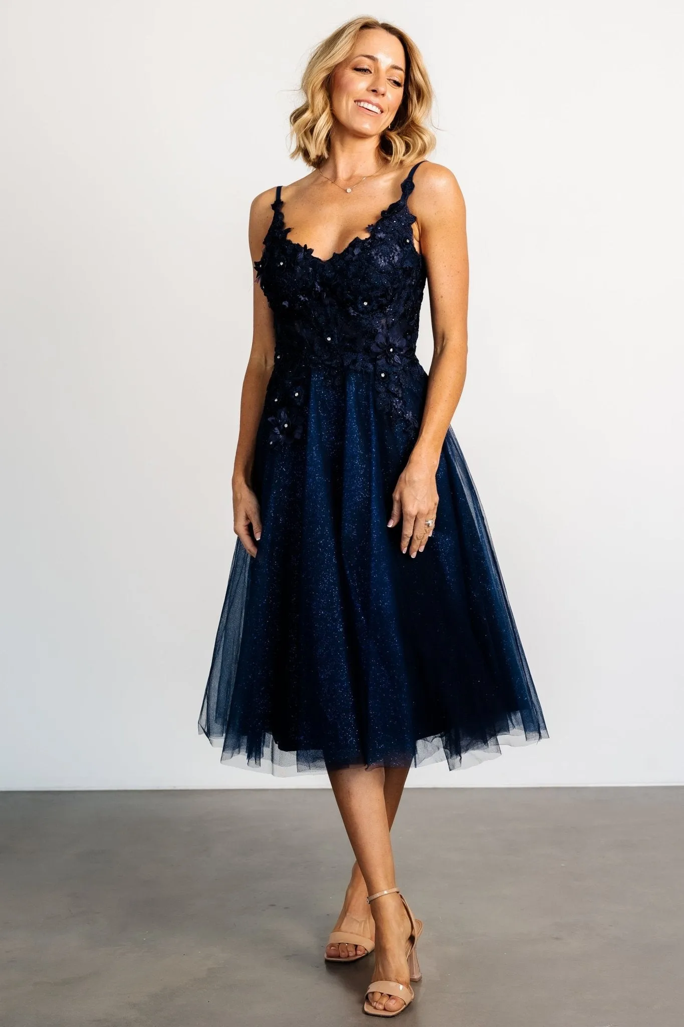Noelle Shimmer Midi Dress | Midnight Blue sold by Baltic Born