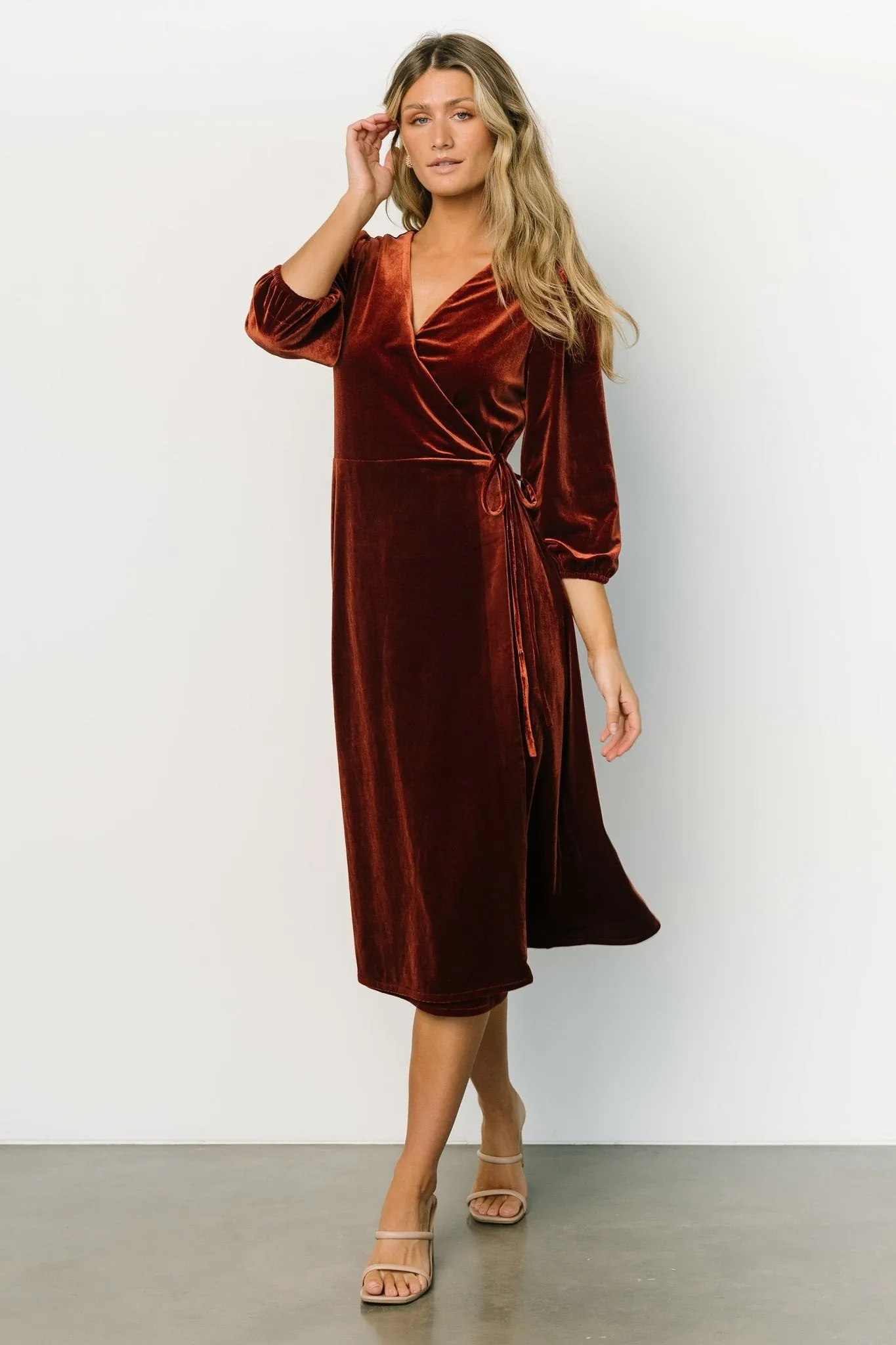 Beckinsale Velvet Wrap Dress | Cinnamon sold by Baltic Born product image thumbnail 3