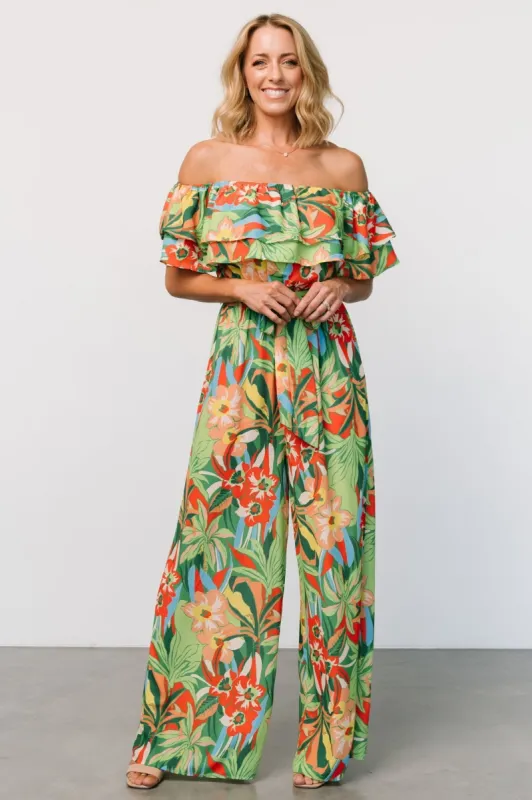 Zanzibar Off Shoulder Jumpsuit | Green Multi made by Flying Tomato
