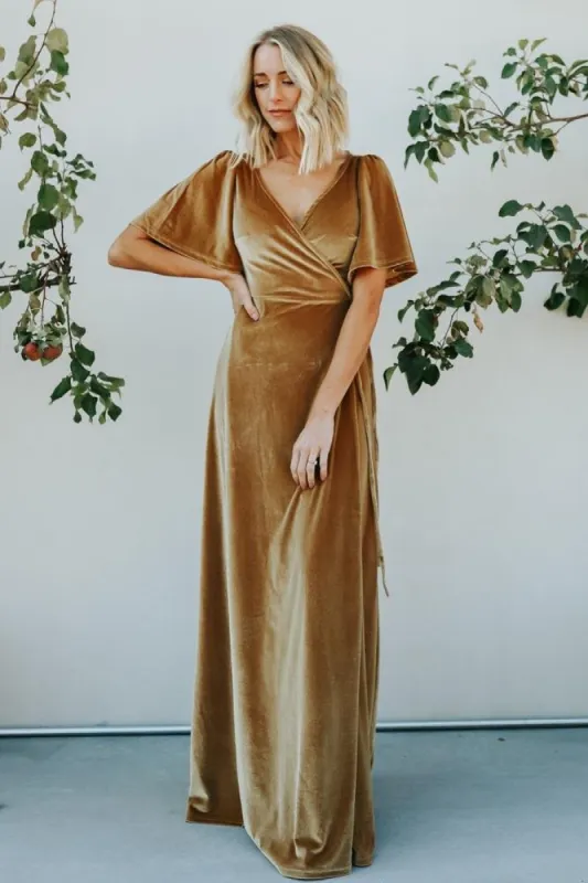 Meghan Velvet Wrap Maxi Dress | Gold sold by Baltic Born