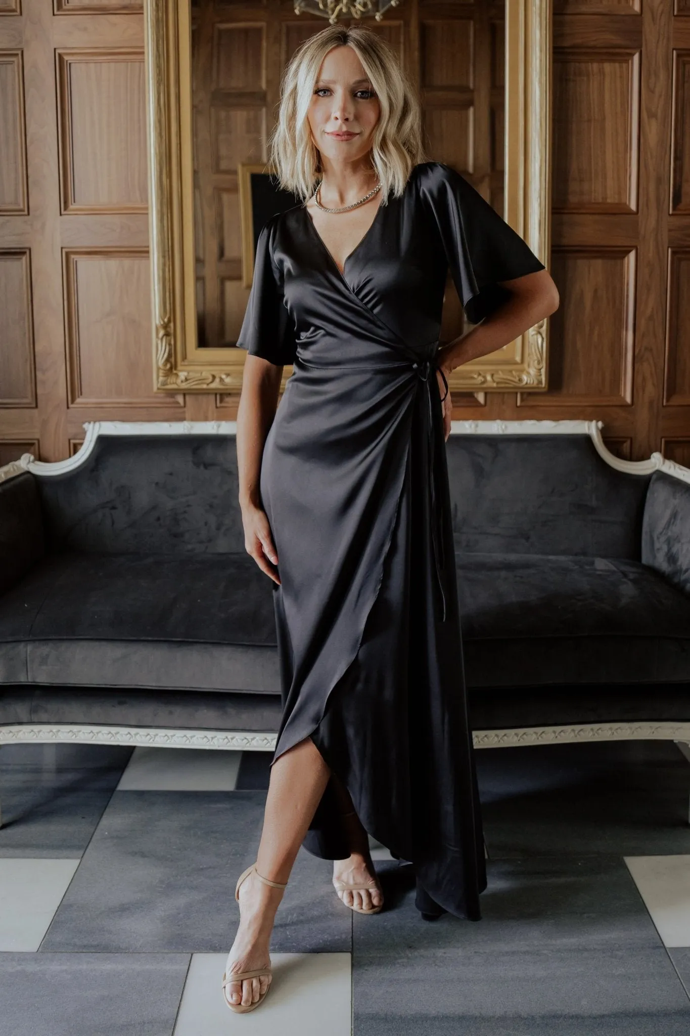 Vara Satin Maxi Wrap Dress | Black sold by Baltic Born