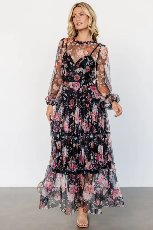 Stephanie Tiered Maxi Dress | Black Floral sold by Baltic Born