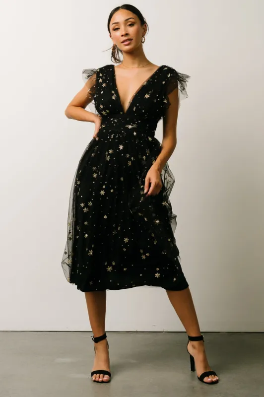 Chiara Shimmer Midi Dress | Black + Gold sold by Baltic Born