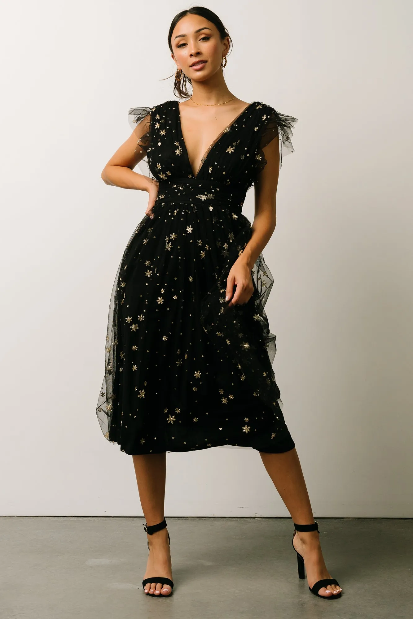 Chiara Shimmer Midi Dress | Black + Gold sold by Baltic Born