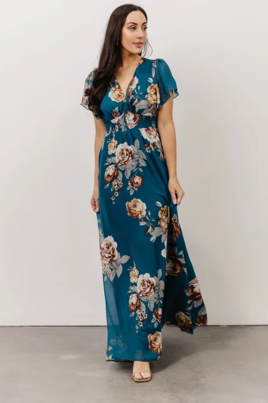 Alexandria Smocked Maxi Dress | Blue Floral sold by Baltic Born